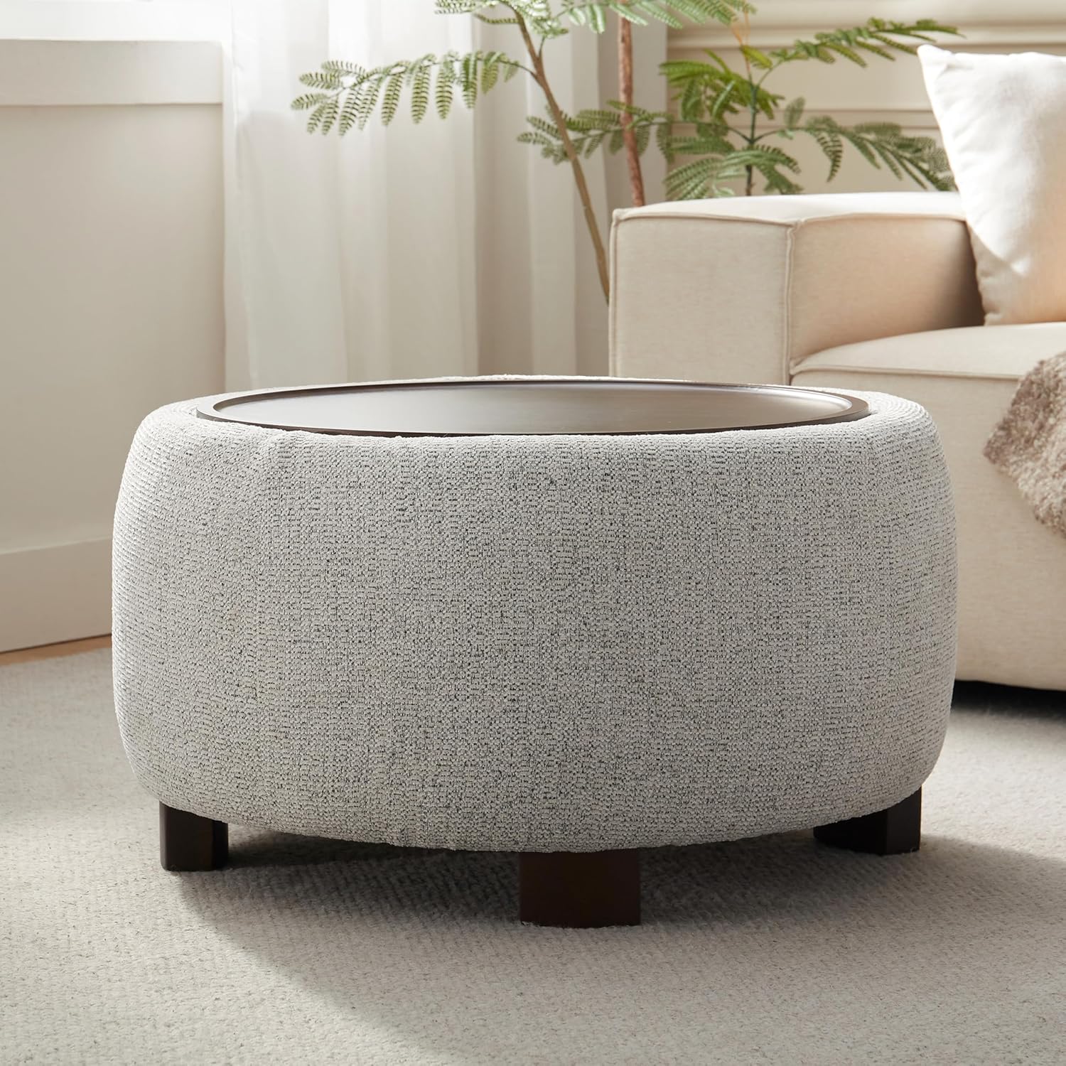 VKNOW Round Ottoman with Storage, 30" Upholstered Ottoman Table with Removable Wood Top and Solid Wood Legs for Living Room, Bedroom, Apartments, Beige