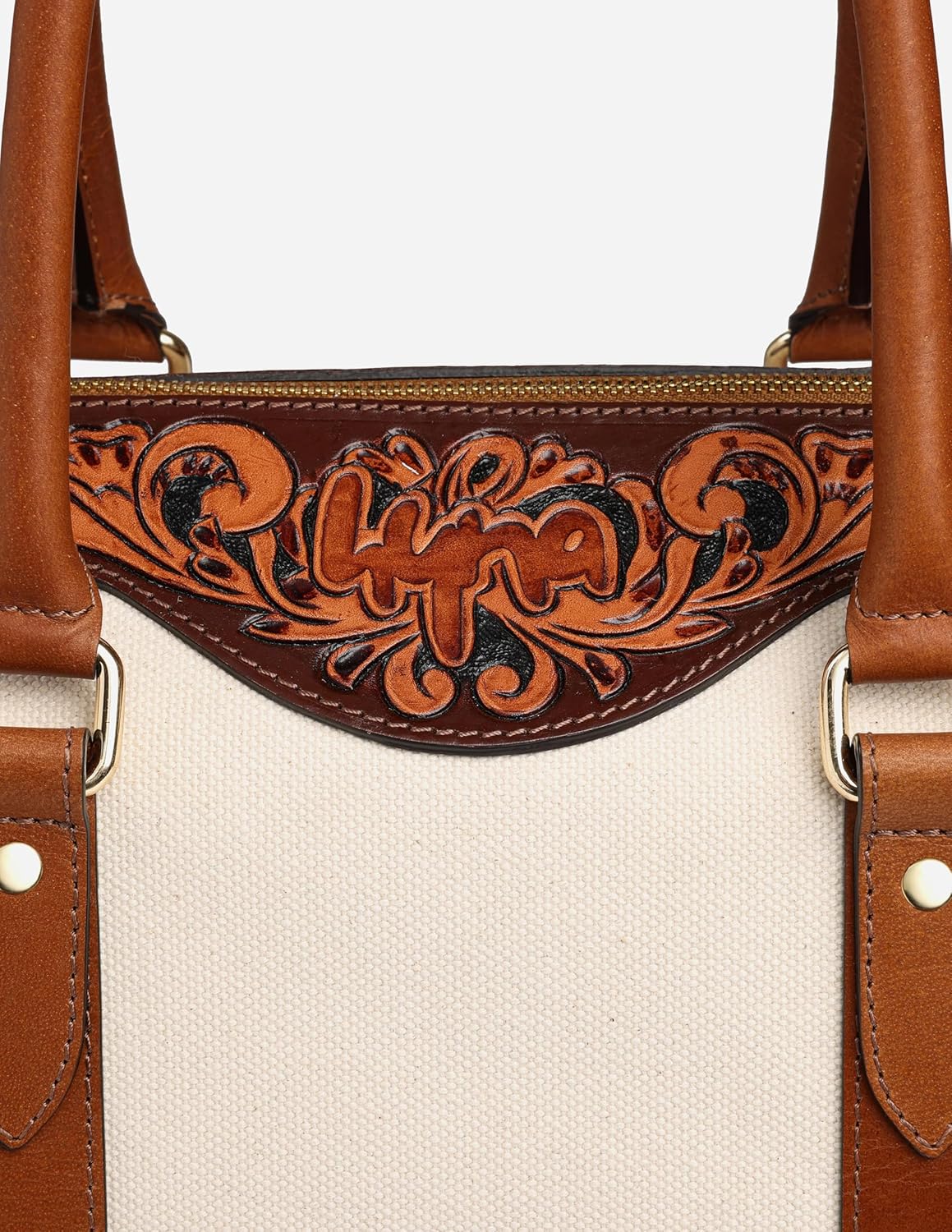 Hyna Cactus Queen Duffel Bag – Handtooled Leather & Cotton Canvas Travel Bag | Off-White & Tan, Stylish Top Grain Leather Duffle for Women - Image 8