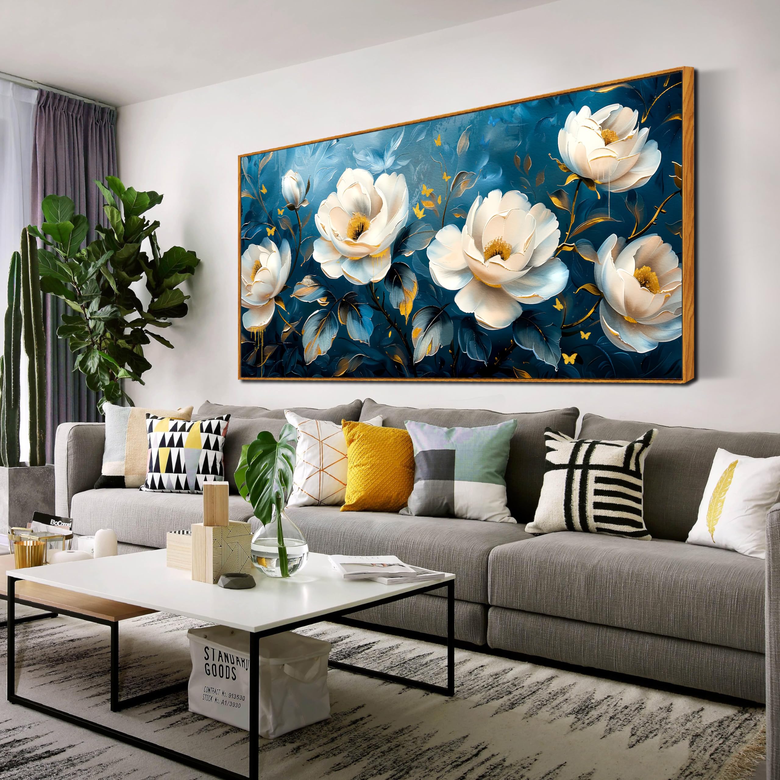 THRLVEART Flower Canvas Wall Art for Living Room - Blue and White Wall Decor for Bedroom - Large Picture Frames for Wall 29" x 59"