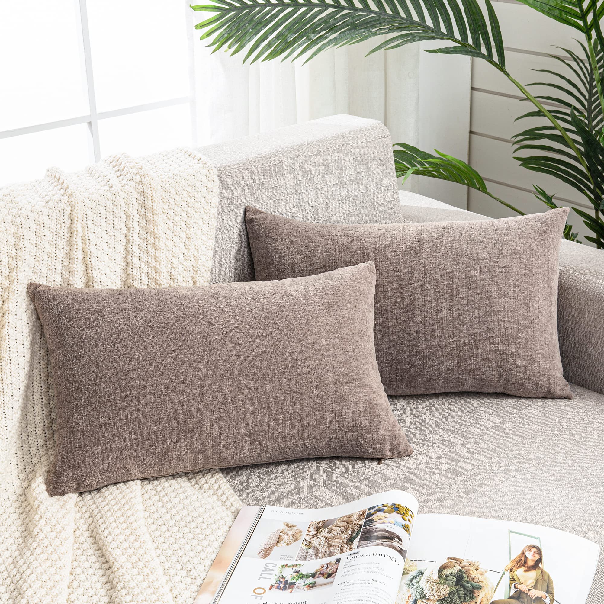 GAWAMAY Lumbar Pillow Decorative Rectangle Throw Pillow Covers 12"x20" Inch Set of 2, Super Soft Chenille Pillowcase for Living Room Bedroom Sofa Couch Cushion Cover Taupe Grey 30x50cm (ONLY Covers)