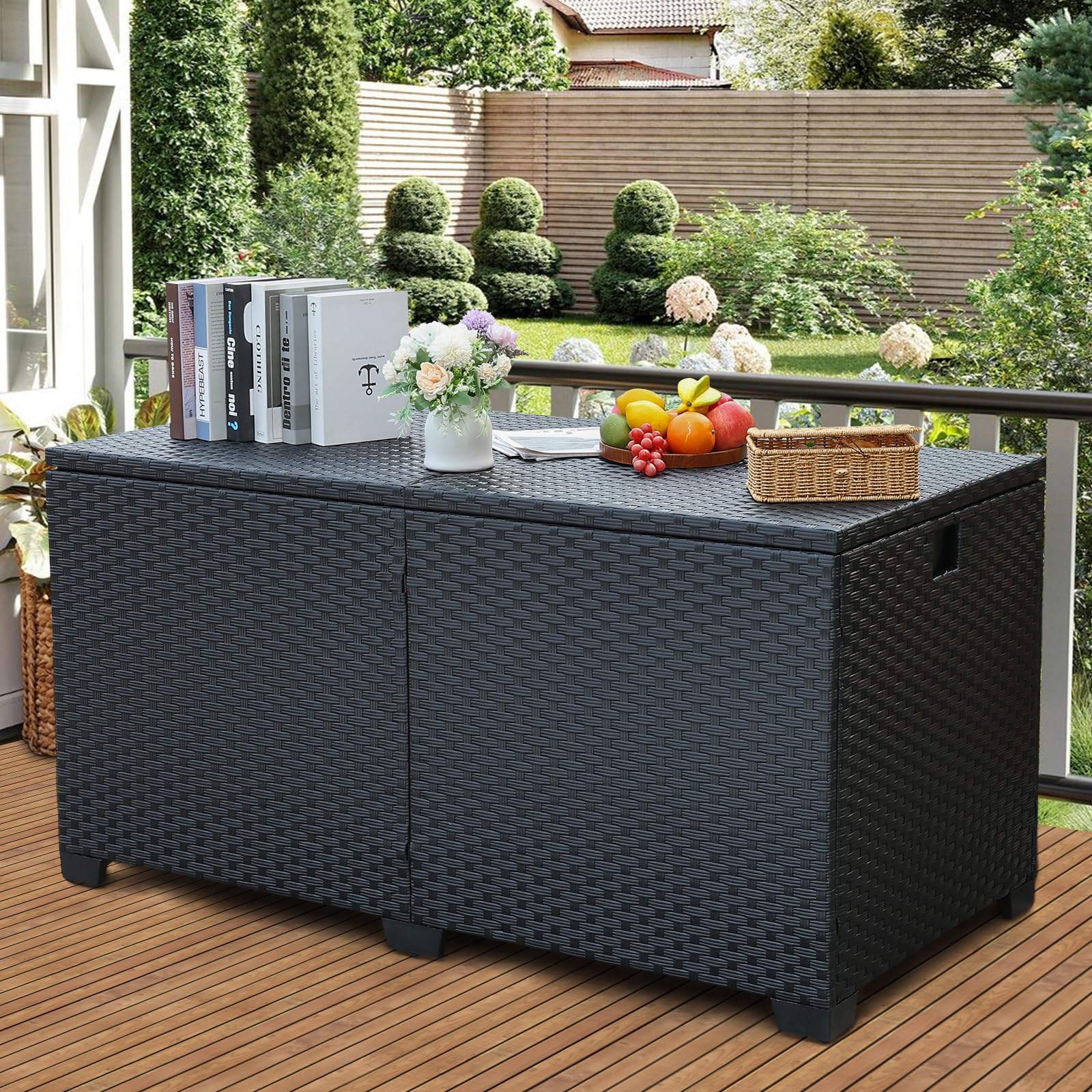 Rattan Star Caja de almacenamiento para exteriores de 180 galones, caja de almacenamiento con cojín, contenedor de almacenamiento grande para patio con bolsa de forro impermeable, mimbre negro