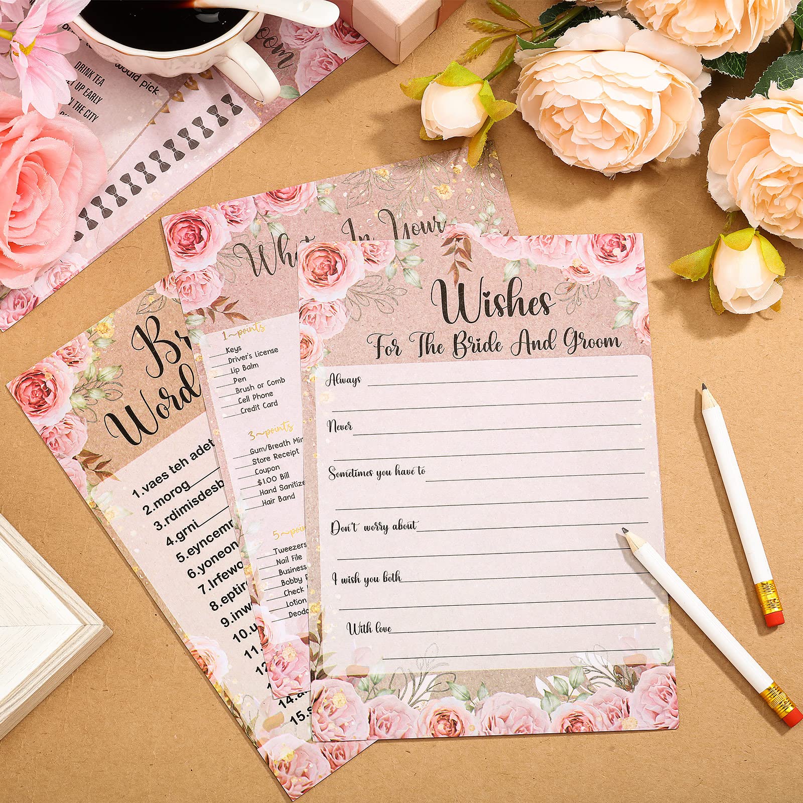 145 Pcs Bridal Shower Bachelorette Games Bridal Shower Favors Wedding Shower Games Set Wedding Cards and Pencils for Bride and Groom Bachelorette Party Wedding (Rose Style)