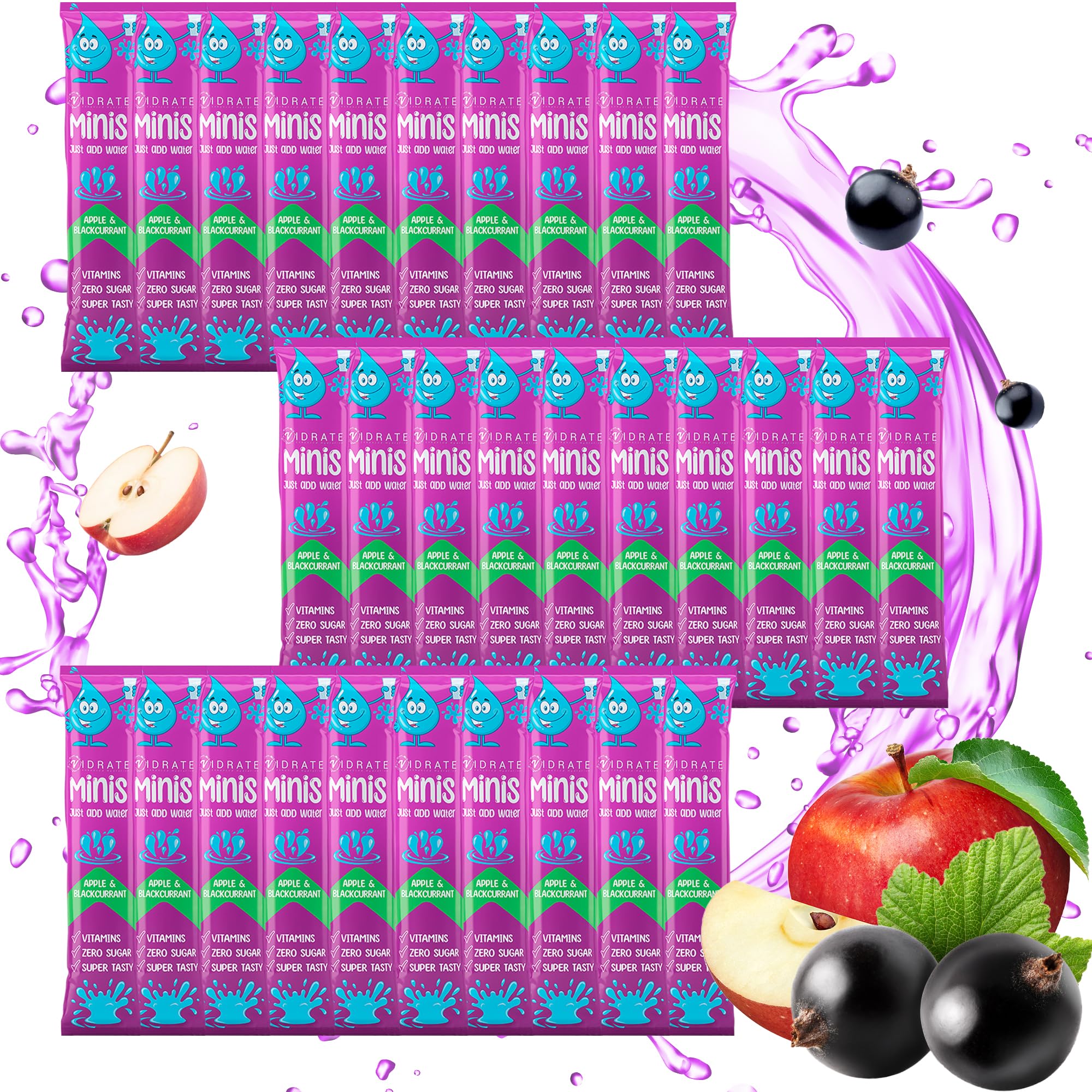 Electrolytes Powder Minis - Hydration Sachets with Vitamins & Electrolytes For Kids - Zero Sugar Hydration Powder No Artificial Sweeteners & Preservatives by ViDrate - Apple & Blackcurrant, 30 Sachets