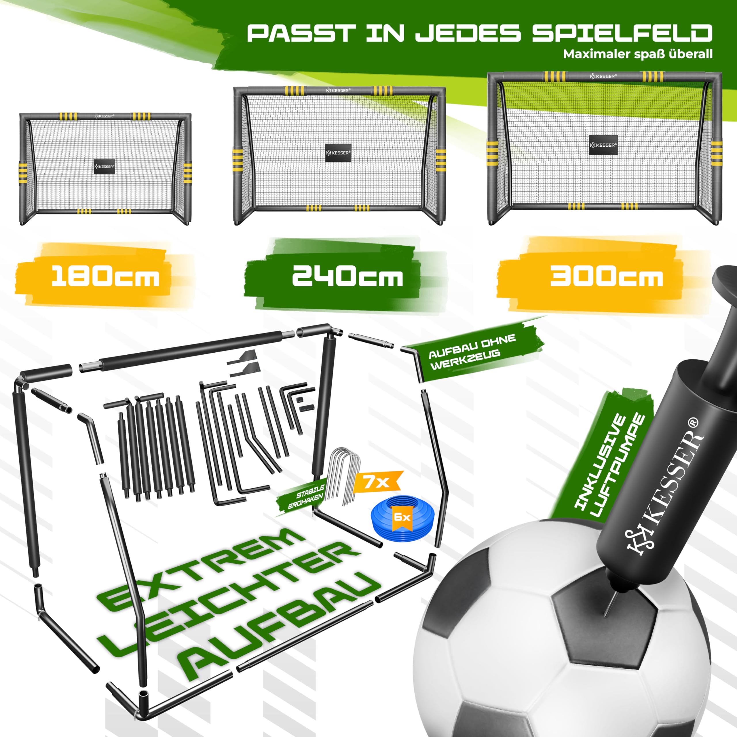 KESSER® Porta da calcio – Porta da calcio di alta qualità 240 cm, allenamento tiro allenamento rete resistente ai raggi UV, telaio in acciaio con imbottitura, picchetti per terra, pompa ad aria, coni