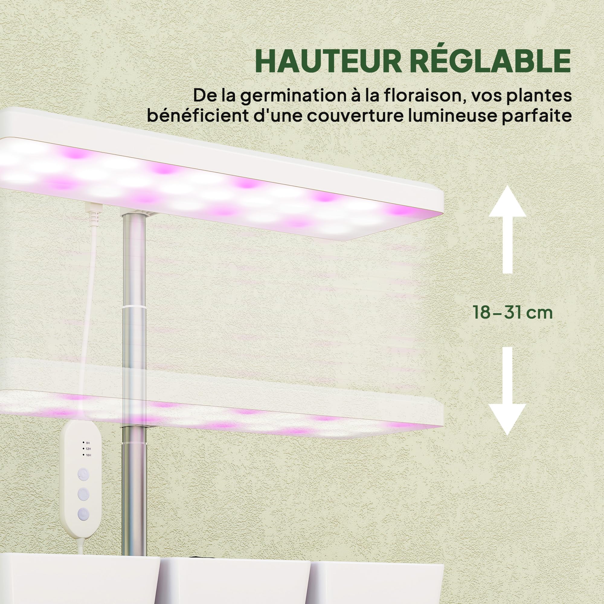 Outsunny Lampe de croissance 10W lampe plante de culture LED à spectre complet avec 3 bacs à fleurs, minuterie marche/arrêt automatique 8/12/16/24 H, 5 niveaux de luminosité, hauteur réglable, blanc
