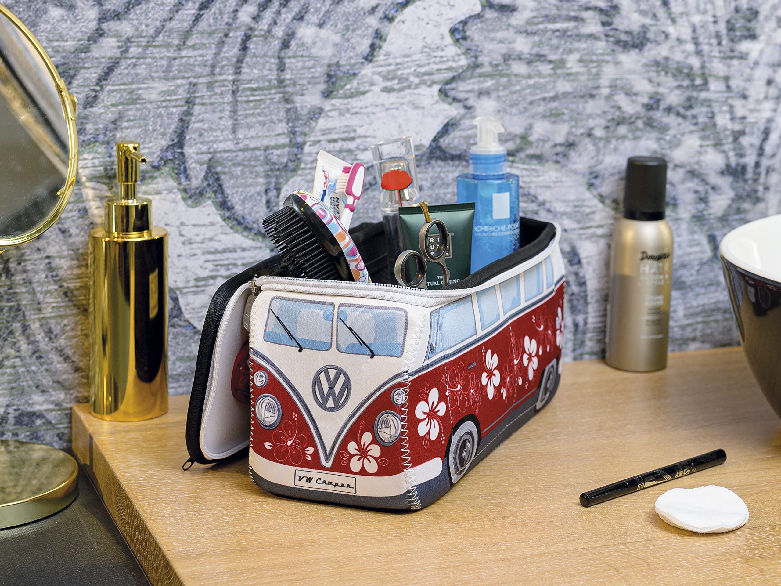BRISA VW Collection - Volkswagen Neopren Universal-Schmink-Kosmetik-Kultur-Reise-Apotheke-Tasche-Beutel im T1 Bulli Bus Design (Hibiskus/Rot/Groß)