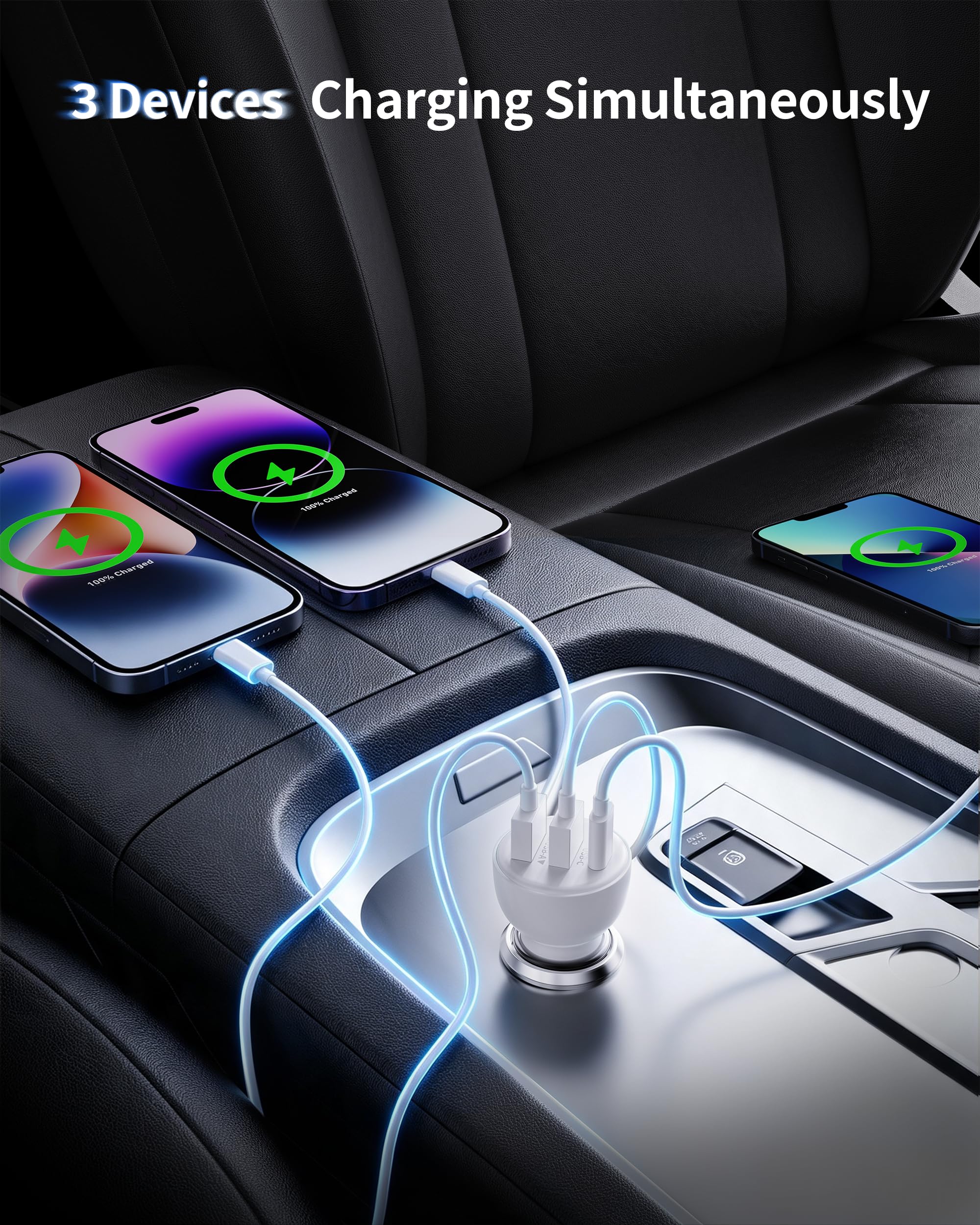 Caricabatterie da auto veloce a 3 porte da 70 W per iPhone 14 13 12 11 Pro Max Plus Mini SE XR XS X 8 7 6, iPad, confezione da 2 cavi USB Carplay e cavo di ricarica Lightnings e adattatore per