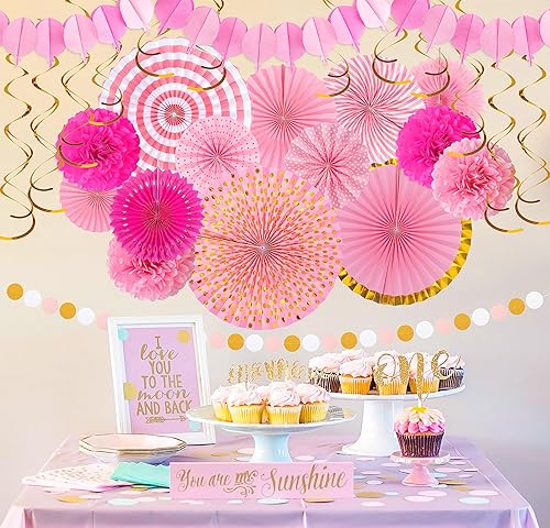 Miniatura 6 de Moon Boat Juego de abanicos de papel de 35 piezas - Decoración para cumpleaños, despedida de soltera, despedida de soltero, boda (color rosa)