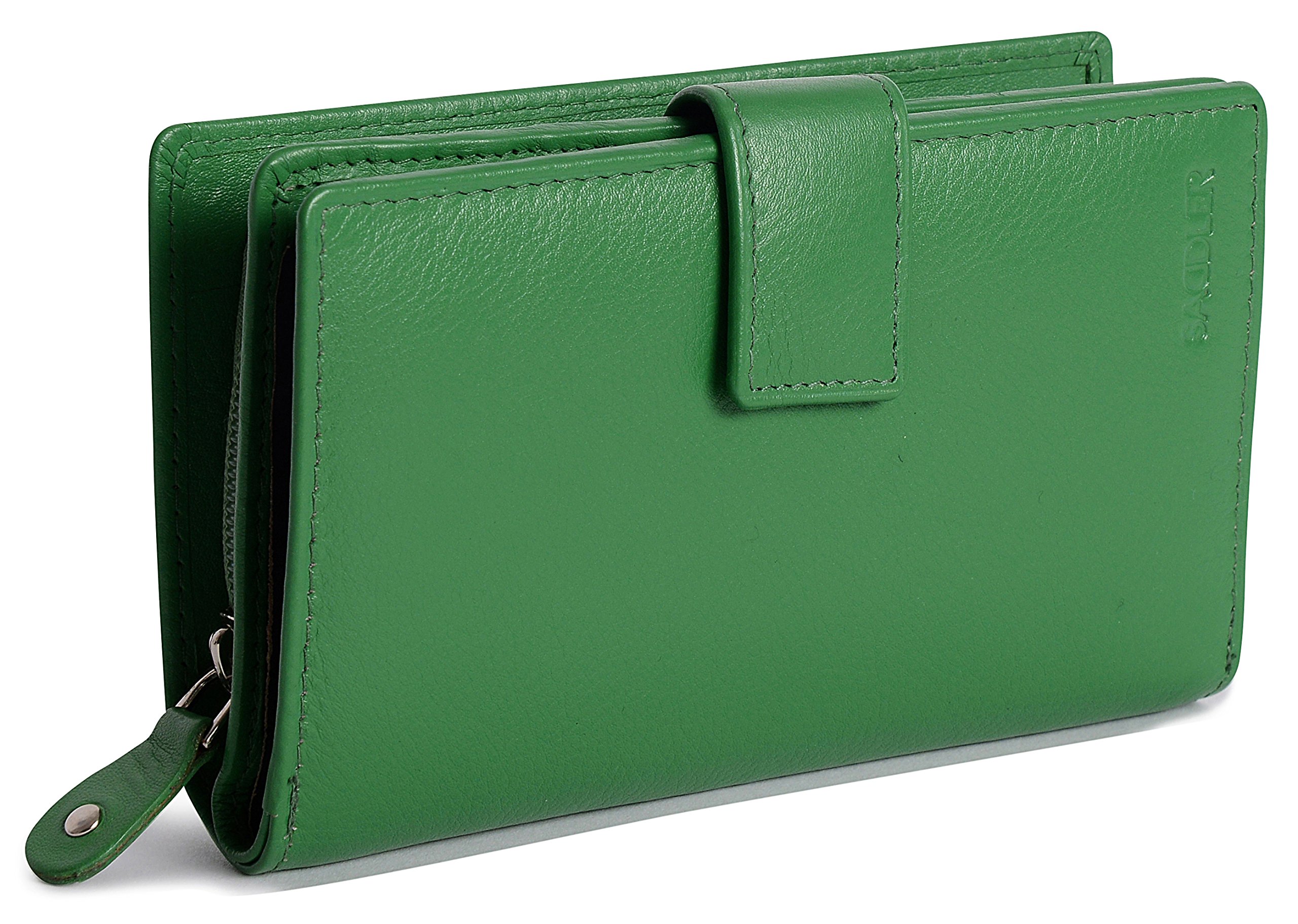 SADDLER Billetera de Cuero Real de 14cm con Cierre de Boton a Presion y Monedero Atrás con Cremallera de 3 Vias