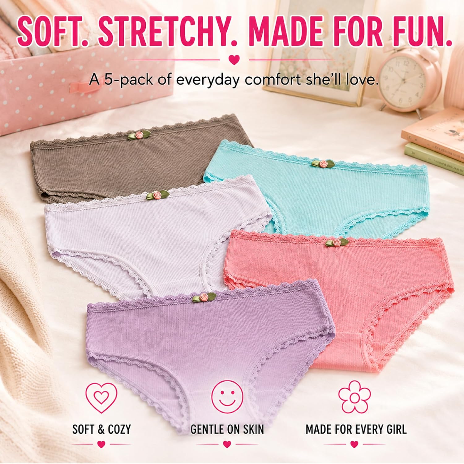 dELiA*s Girls 5 Pack Underwear Panties Soft Cotton Ribbed Lace Trim Panties