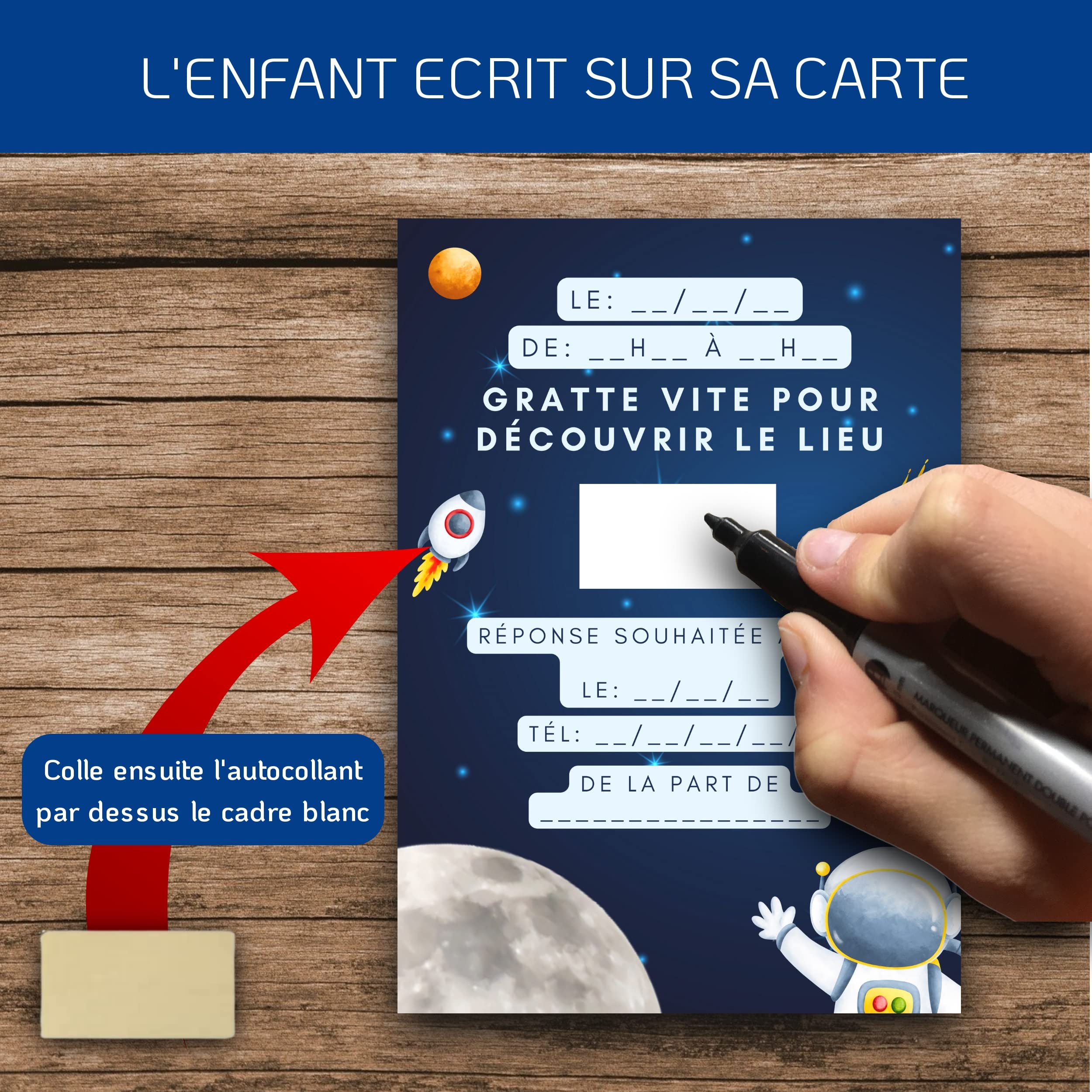 NUOVO 2024: Kit Creativo Compleanno A Tema Astronauta - 20 Biglietti D'Invito Da Grattare In Francese + 20 Adesivi Dorati Per Una Festa Indimenticabile