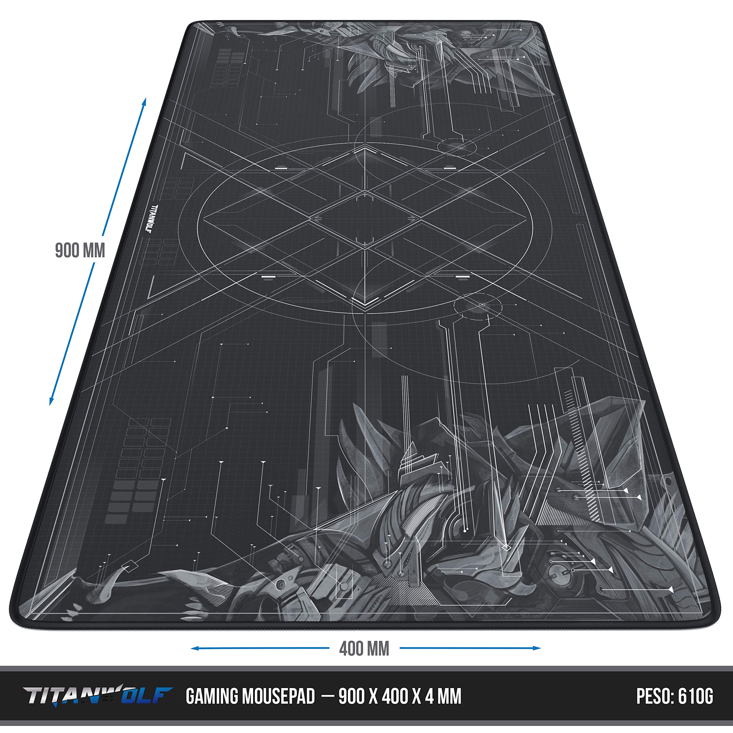 TITANWOLF - XXL Tappetino per Mouse da Gioco - Gaming Mousepad Extra Grande 900 x 400mm - Pad con Base in Gomma Antiscivolo - Spessore 3mm - Nero - Modello HUD