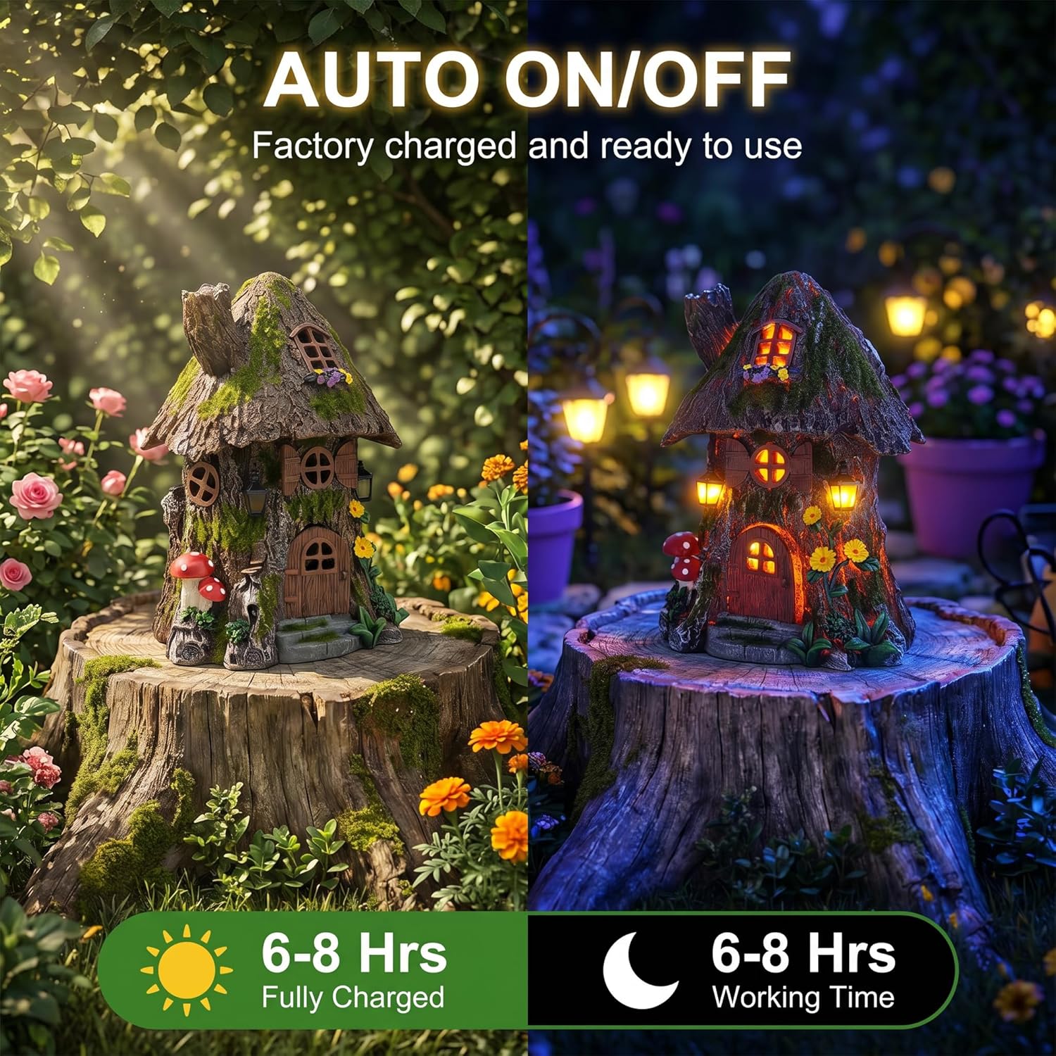COWOS Solar Powered Mossy Tree House Sculpture with Doors, Windows, Street Lamp & Chimney - LED Outdoor Garden Decor