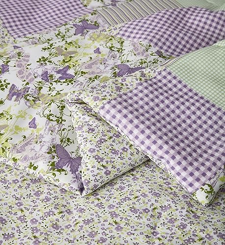 Miniatura 6 de Chezmoi Collection Daisy - Juego de edredón de retazos estampado de 3 piezas, diseño a rayas de caramelo botánico de mariposa morada, a cuadros,