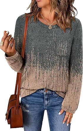 ONLYSHE Women's Casual Striped Long Sleeve Tops Crew Neck Knit Basic Loose Fit T Shirts Fall Fashion Tunic Outfits