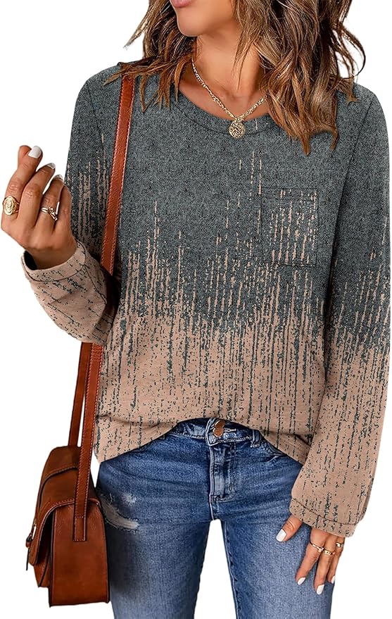 ONLYSHE Women's Casual Striped Long Sleeve Tops Crew Neck Knit Basic Loose Fit T Shirts Fall Fashion Tunic Outfits