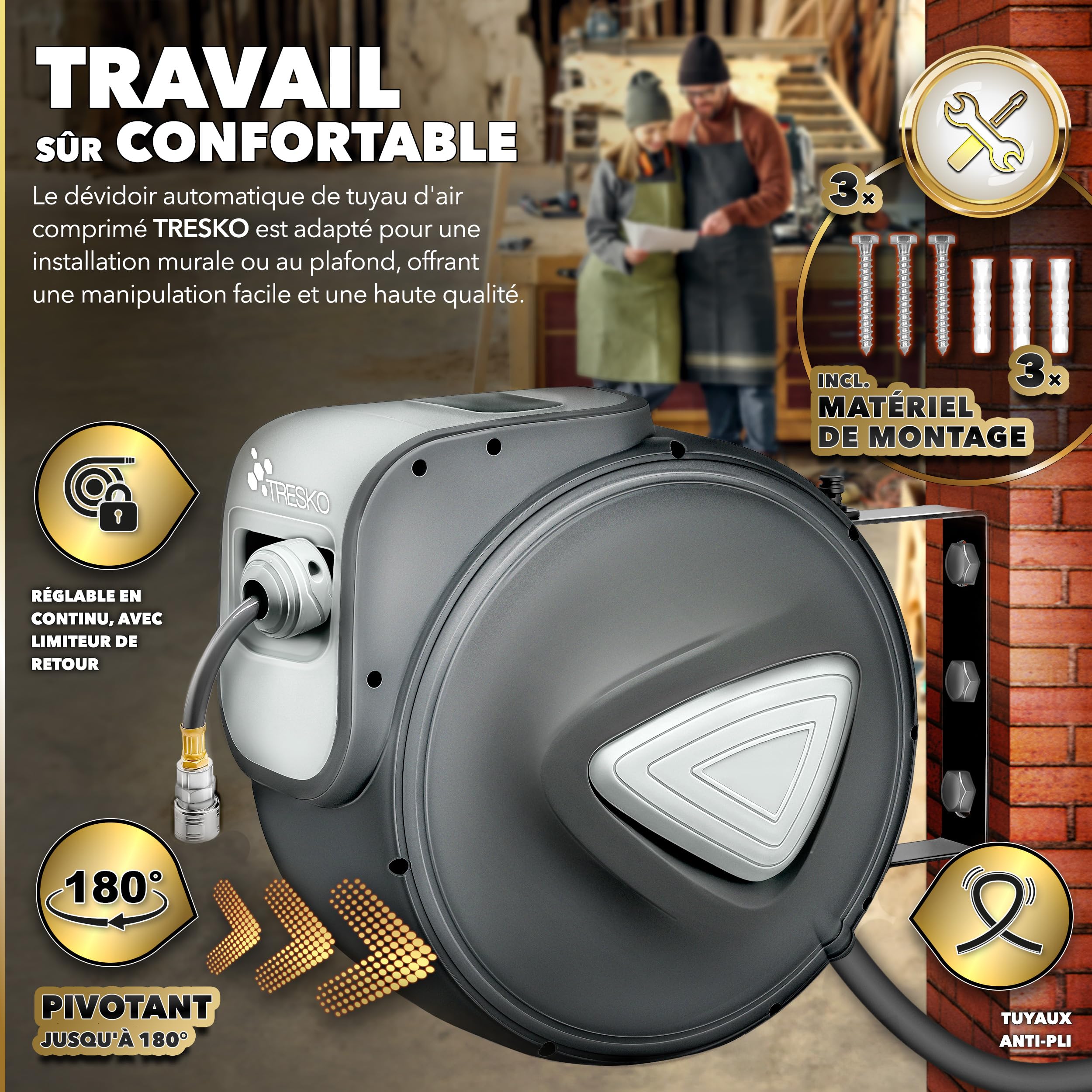 TRESKO® Enrouleur automatique de Tuyau à air comprimé 30m | Connexion 1/4" | Dévidoir Tuyau Automatique Mural, Gris