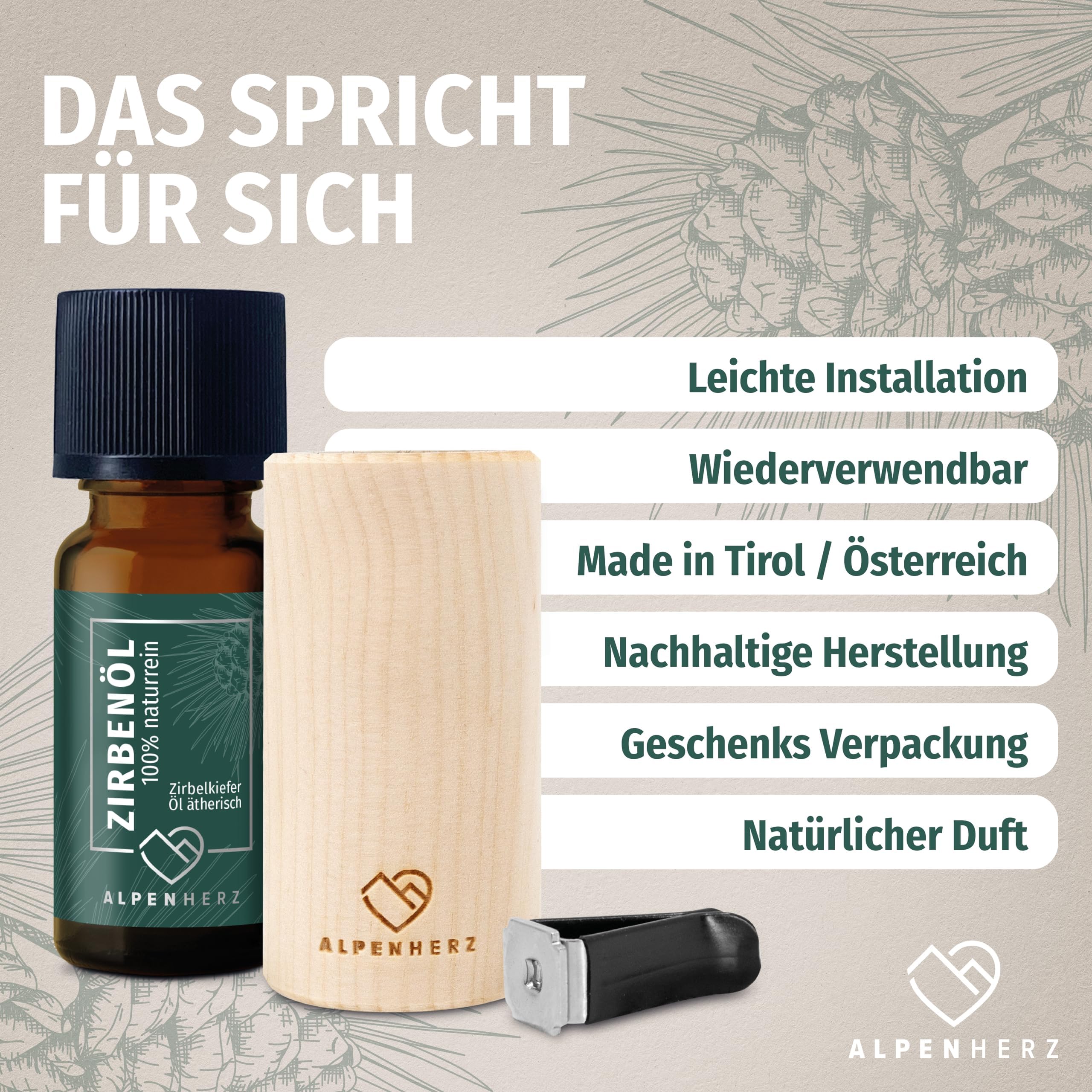 Alpenherz Auto Lufterfrischer aus Zirbenholz wiederverwendbar Duftstecker Zirben Duft Geruchserfrischer Zirbenöl Zirbenduft Autoduft Deko Auto Zubehör Innenraum Geschenk Geruch Lüftung Neuwagen