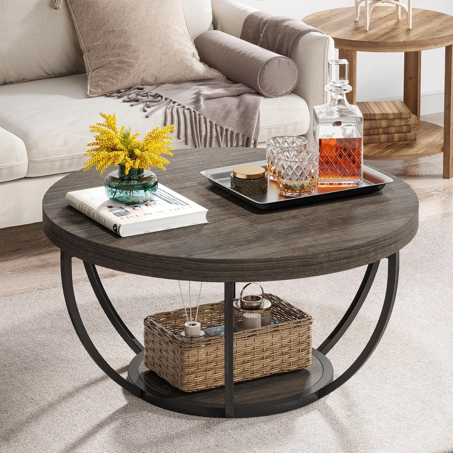Tribesigns Round Coffee Table, 31.7″ Wooden 2-Tier Circle Coffee Table with Storage Shelves, Modern Accent Cocktail Table Center Table for Living Room, Grey