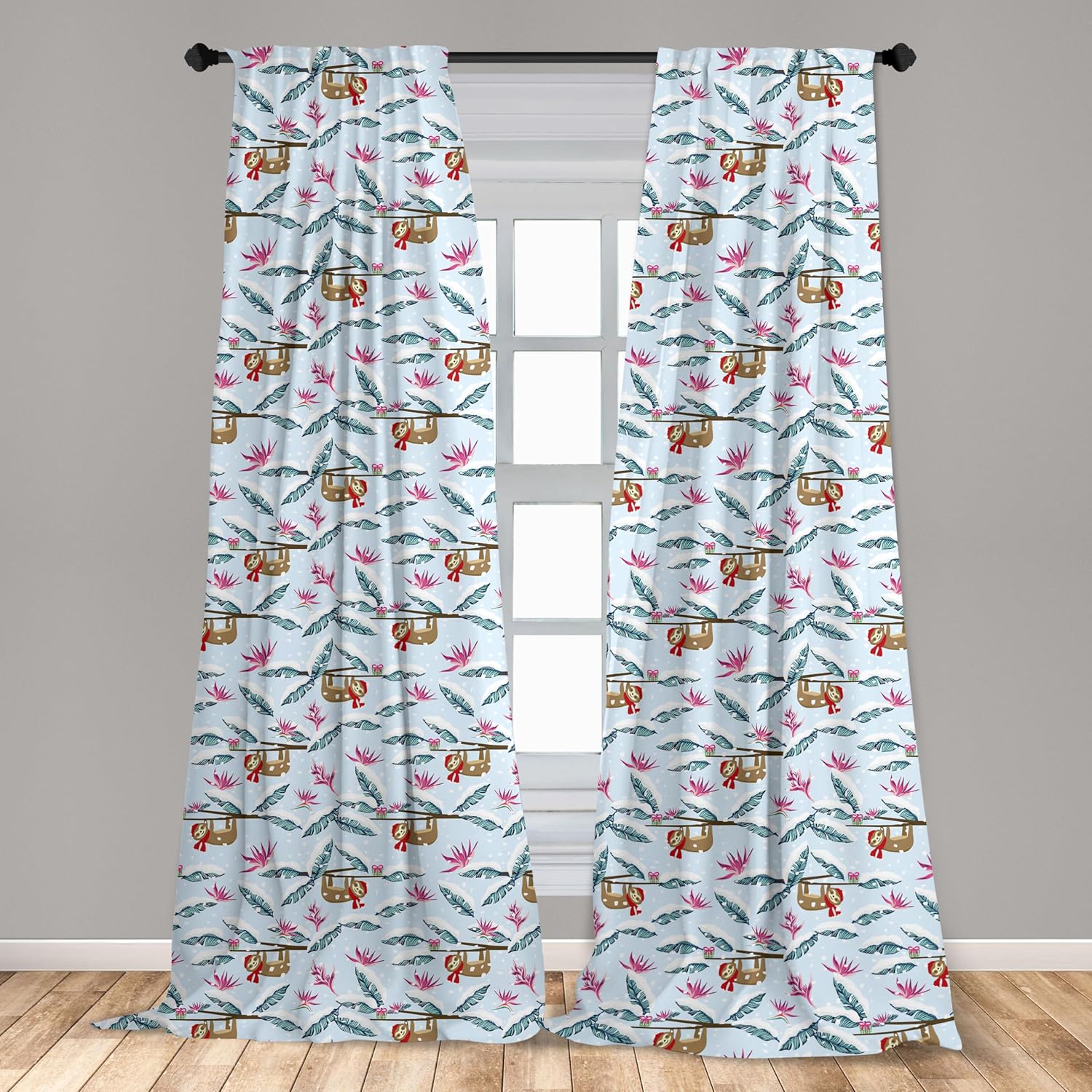 Ambesonne Funny Sloth Curtains, Strelitzia Flower Snowy Climate Palm Tree Leaves Rhythmic Pattern, Window Treatments 2 Panel Set for Living Room Bedroom, Pair of - 28" x 95", Blue Pink