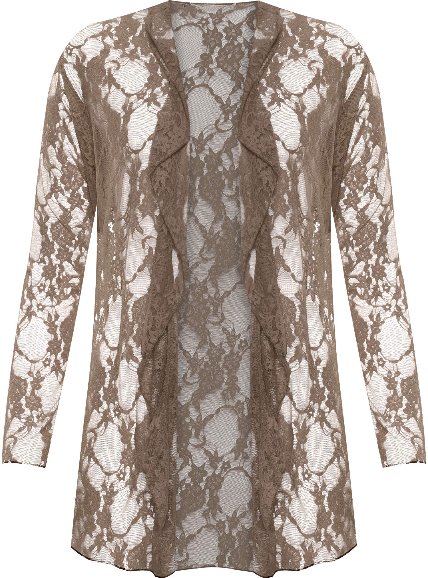 Wearall Women's Mocha Plus Size Floral Lace Open Cardigan Long Sleeve Waterfall Top - 18