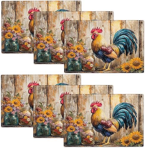 Miniatura 44 de Juego de 6 manteles individuales de flores amarillas de granja, manteles individuales rústicos florales, manteles individuales de primavera lavables