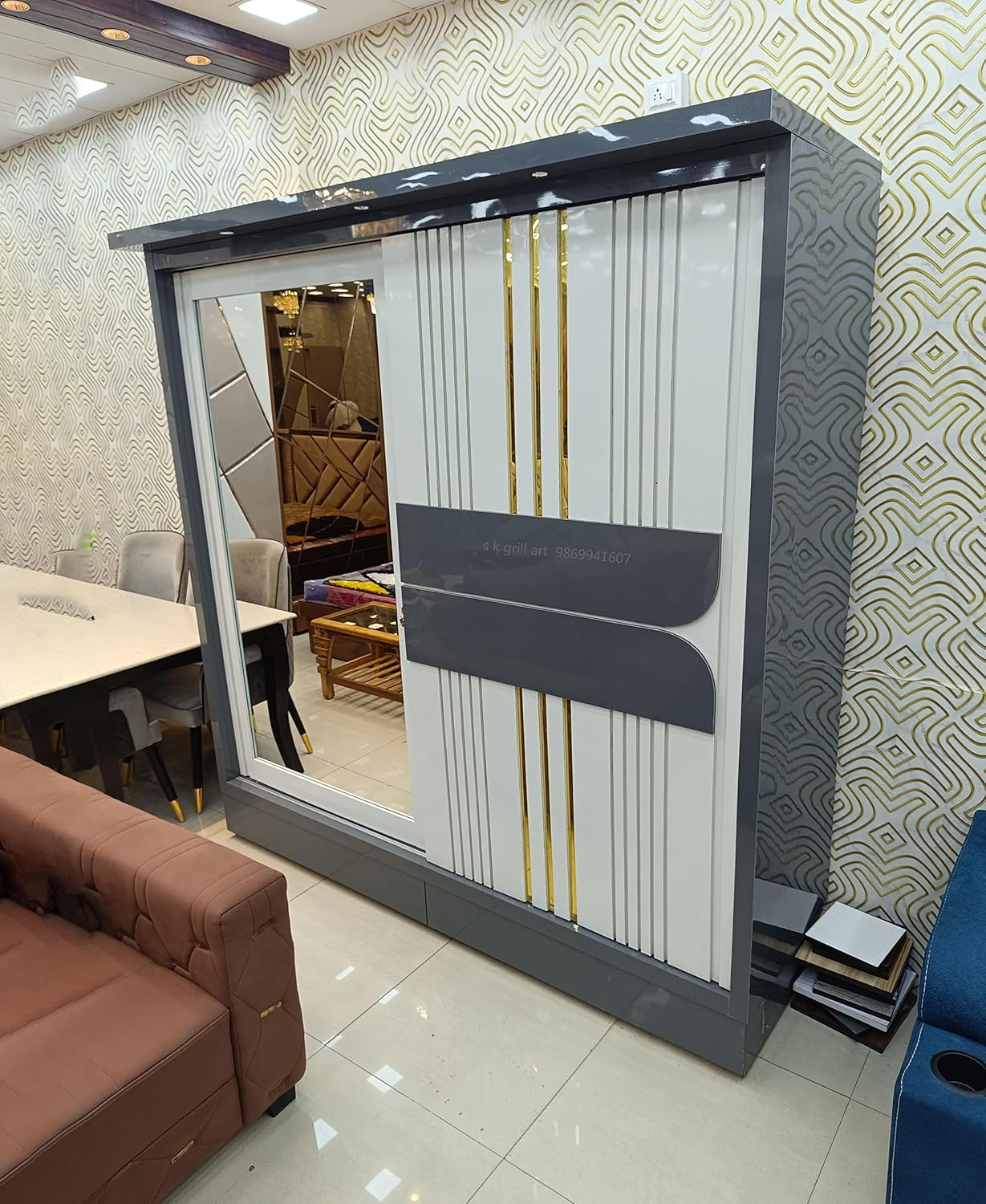 s k grill art Wardrobe with Mirrors, Sliding Door, Drawer, Shelves