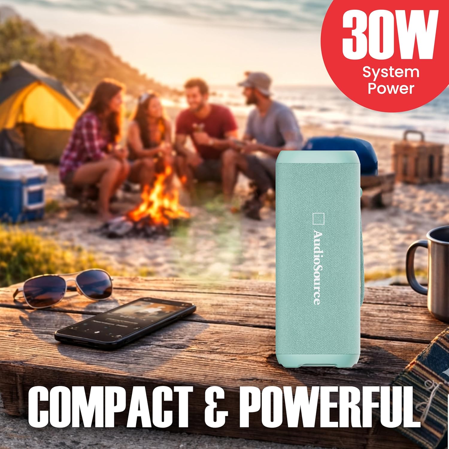 Audiosource Portable Bluetooth Speaker, 30W Loud Sound, Dual Passive Radiators for Deep Bass, Bluetooth 5.4, Auracast Multi-Speaker Pairing, IP67 Waterproof, 200ft Range, 12H Battery (Sea Foam)