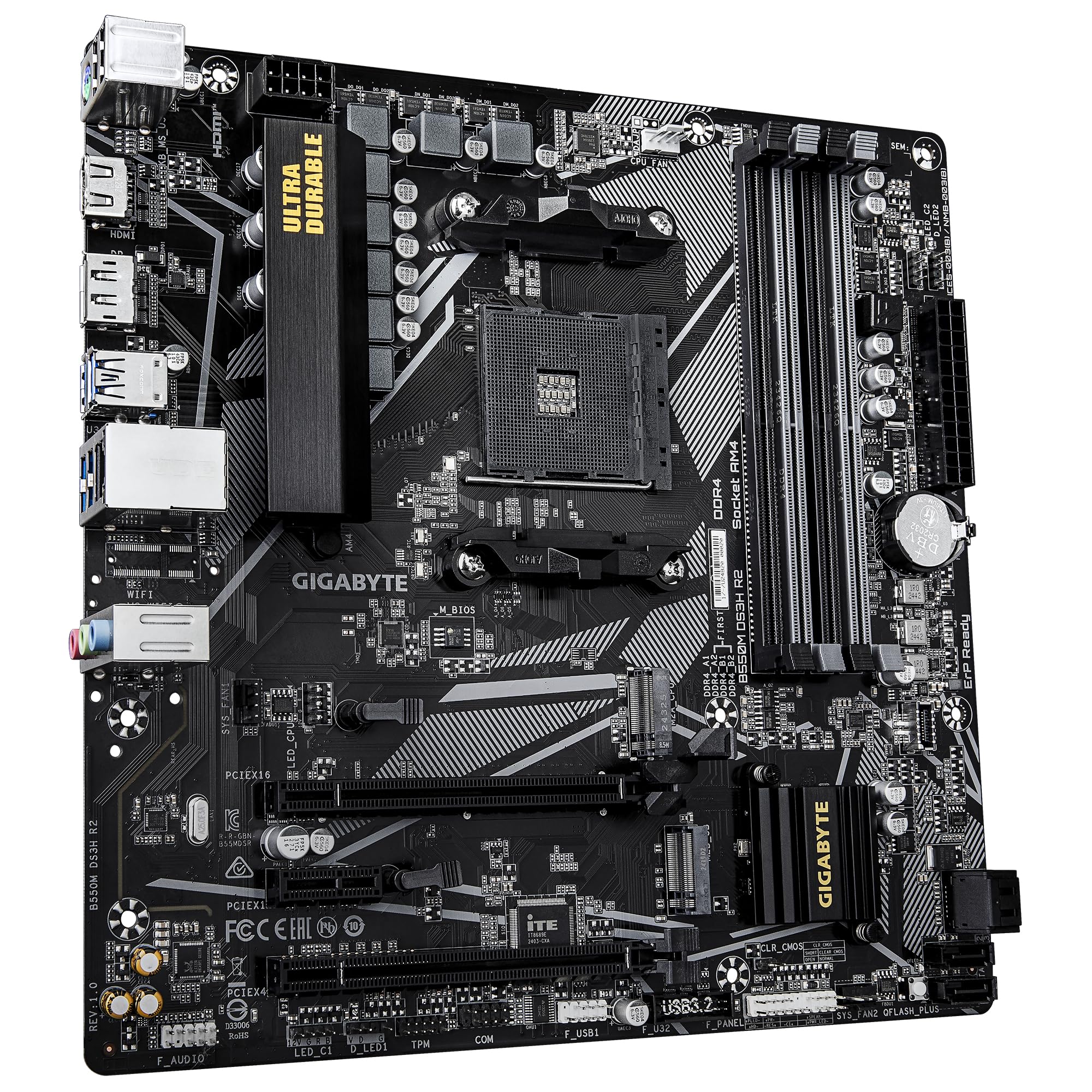 GIGABYTE B550M DS3H R2 Scheda madre - CPU AMD Ryzen 5000, VRM a 5+3 fasi, fino a 4733 MHz DDR4 (O.C.), 1x M.2 PCIe 4.0 + 1x M.2 PCIe 3.0, LAN 1 GbE, USB 3.2 Gen 1