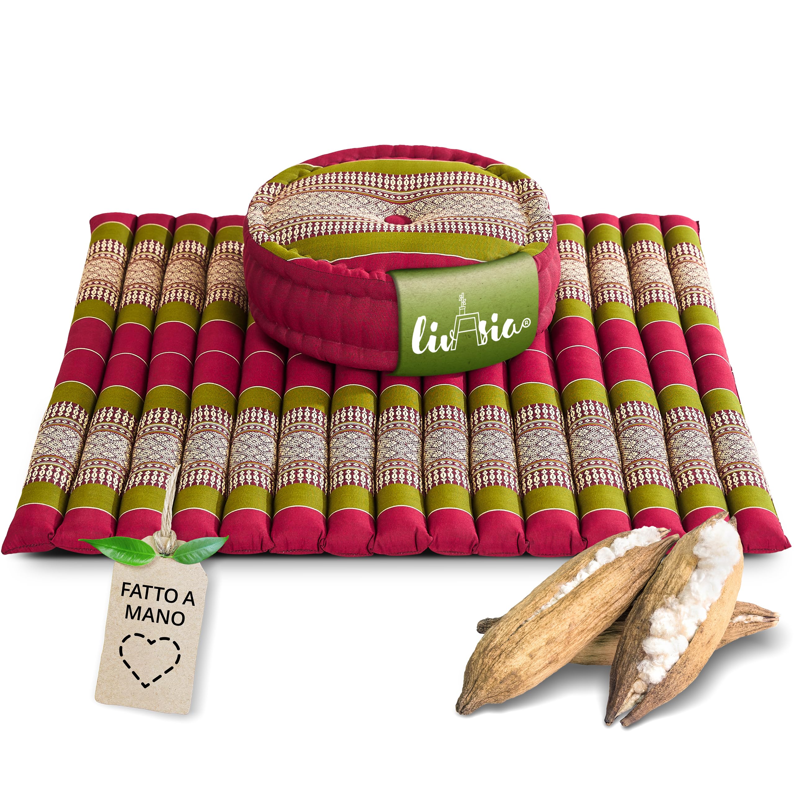 livasia Set Meditazione XL - Ø 38x15cm/tappetino 75x75x4,5cm - Set Yoga Cuscino e Tappetino, Pouf, Tappetino e Cuscino Yoga Fatti a Mano con kapok, Cuscino Pavimento, Cuscino zafu (Rosso/Verde)