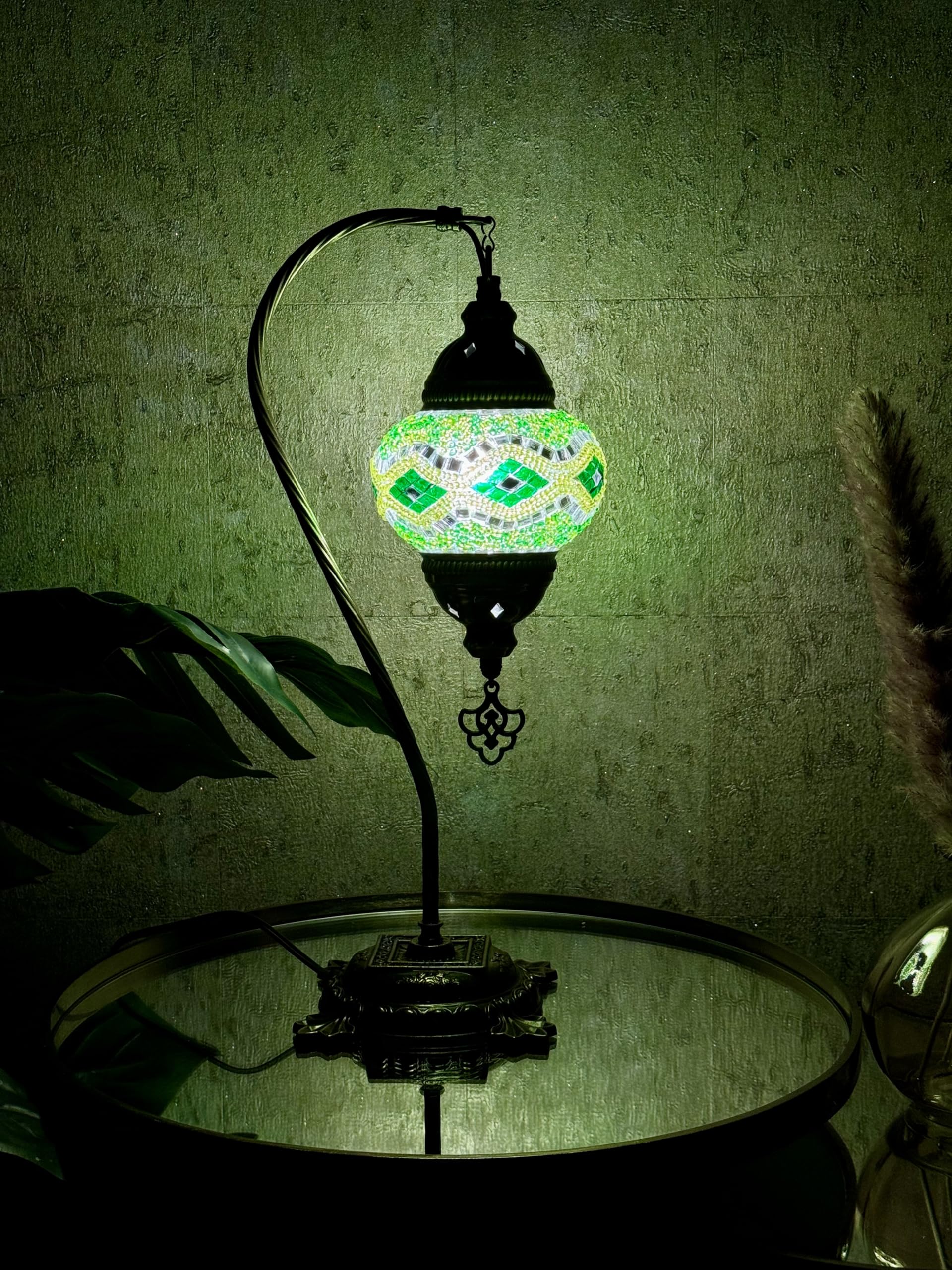 Lightza Handmade Turkish Moroccan Mosaic Desk Lamp LED Bulb | Swan Neck Unique Globe Lampshade Table Light | UK Tested Safe Energy Efficient (White & Green) — image 1