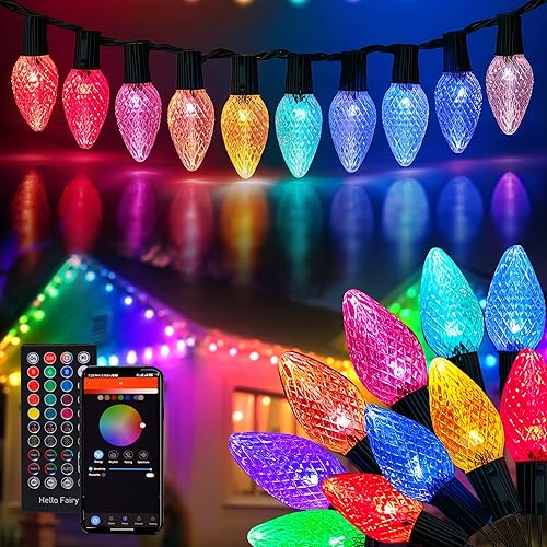 Dazzle Bright Smart C9 - Luces de Navidad para exteriores, 50 luces LED RGB de 66 pies con control remoto, control de aplicación, sincronización de