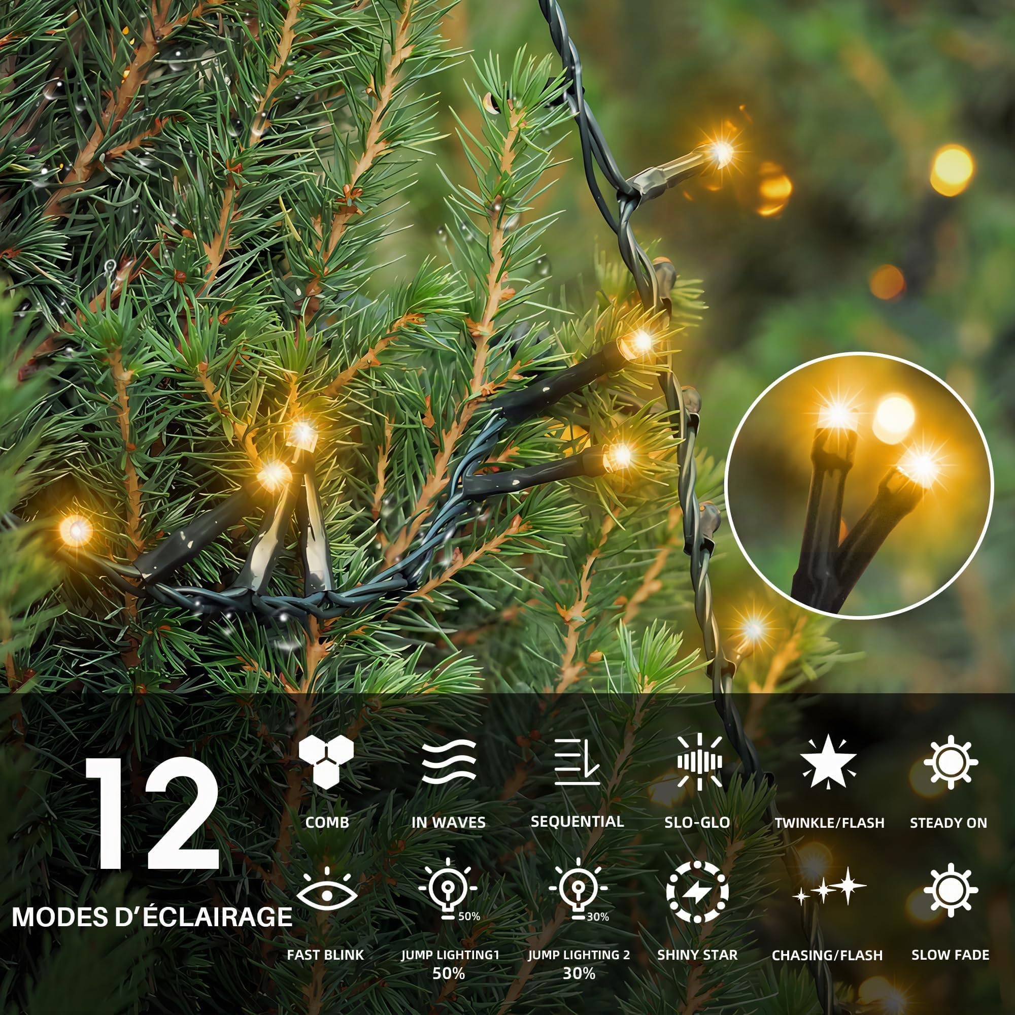 WISD Guirlande Lumineuse 103M 1000 LED Blanc Chaud avec Câble Vert - Réglable en luminosité pour Sapin de Noël, avec Minuterie et Prise - Décoration Intérieure Extérieure pour Noël, Chambre, Jardin