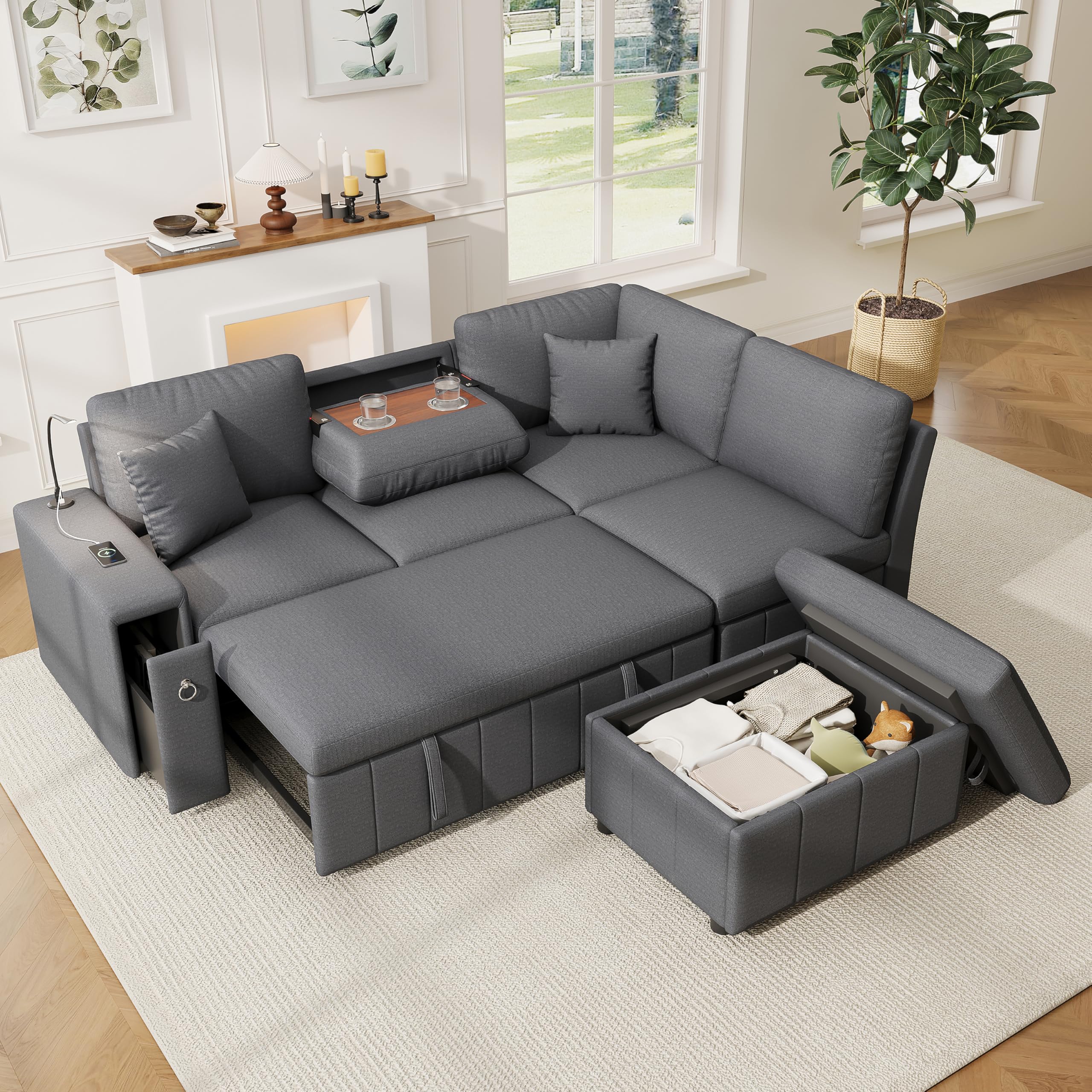 Ecksofa mit Schlaffunktion & Ausziehbett – Modulare Couch für Wohnzimmer & Heimkino, mit USB/Type-C, Leselicht, klappbarem Tisch, Getränkehaltern, Stauraum-Hocker, Leinen, grau