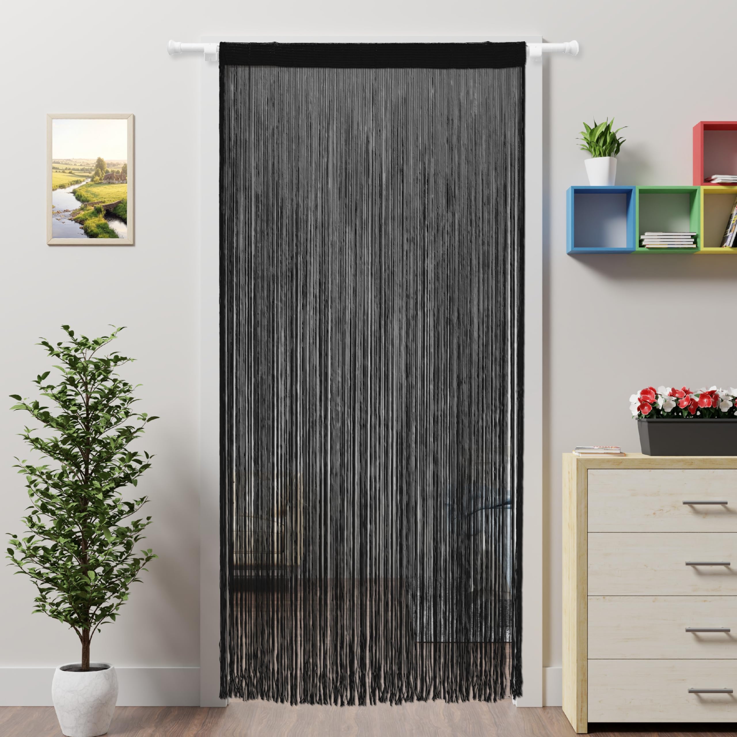 Ateasierlife Door Curtain Fly Screen String Curtains Window Doors Beads Screens Tassel Doorways Blinds Room Divider Kitchen Panel (Black, 100×200cm)