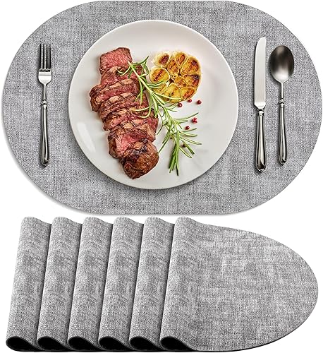 Miniatura 17 de Juego de 6 manteles individuales para mesa de comedor, antideslizantes, resistentes al calor, manteles individuales ovalados de cuero, de doble Azul