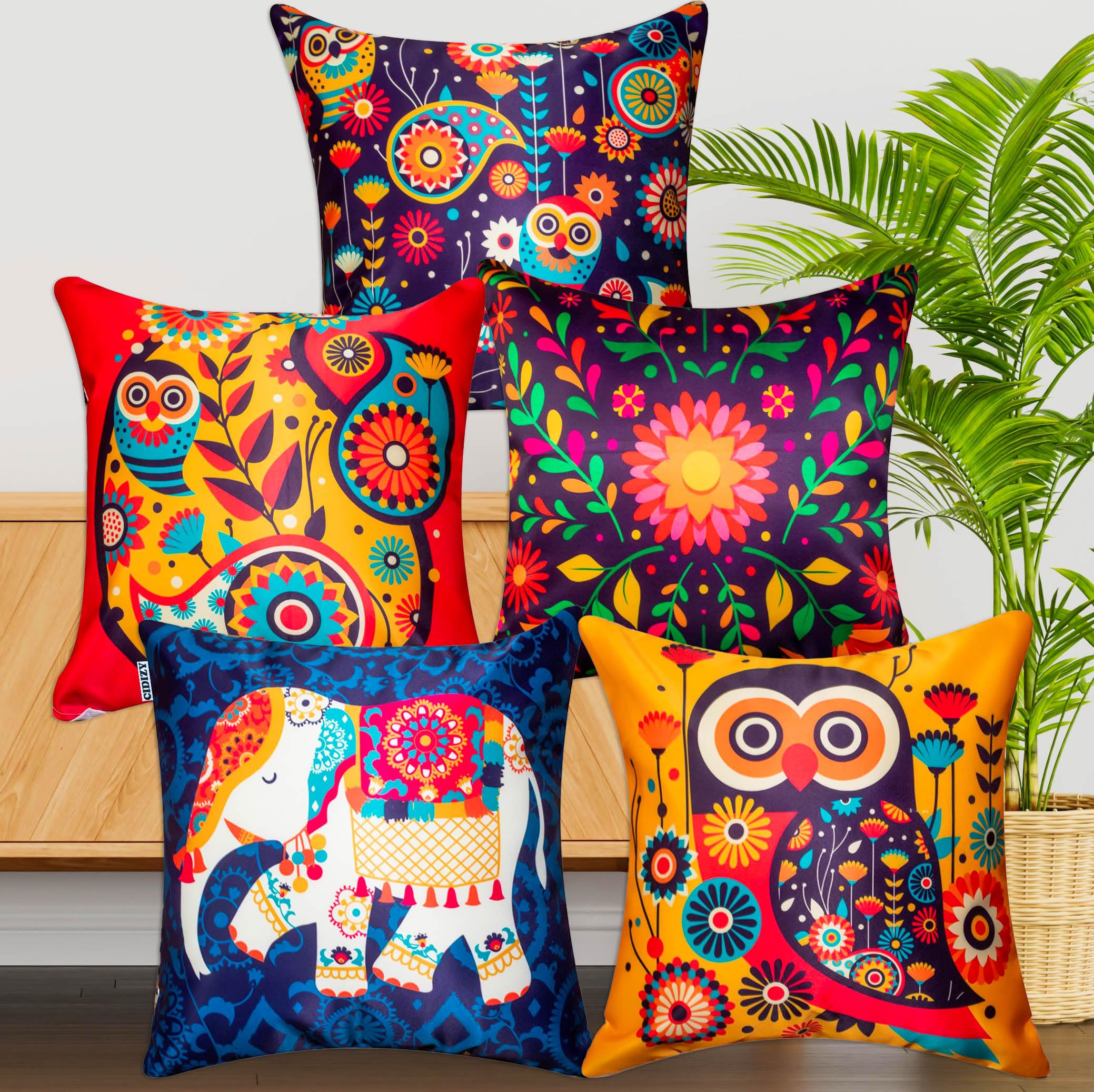 Urvaan Velvet Cute Cartoon Elephant Owl Cushion Cover, Set of 5, 16X16 Inch, Multicolour-image-26