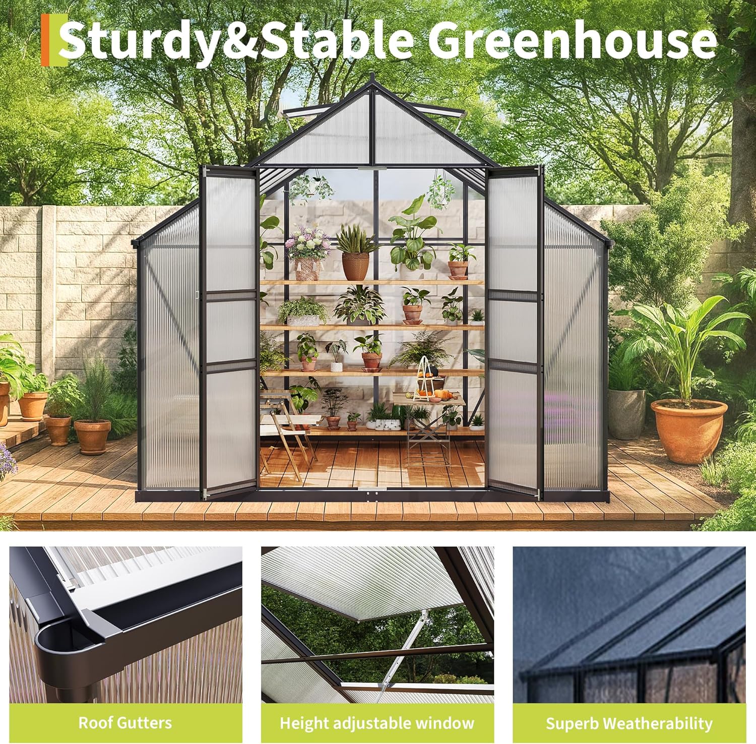 Large Greenhouse for Outdoors 8x12 FT, Polycarbonate Green House with Roof Vent and Quick Setup Structure, Aluminum Greenhouse Kit for Garden Backyard