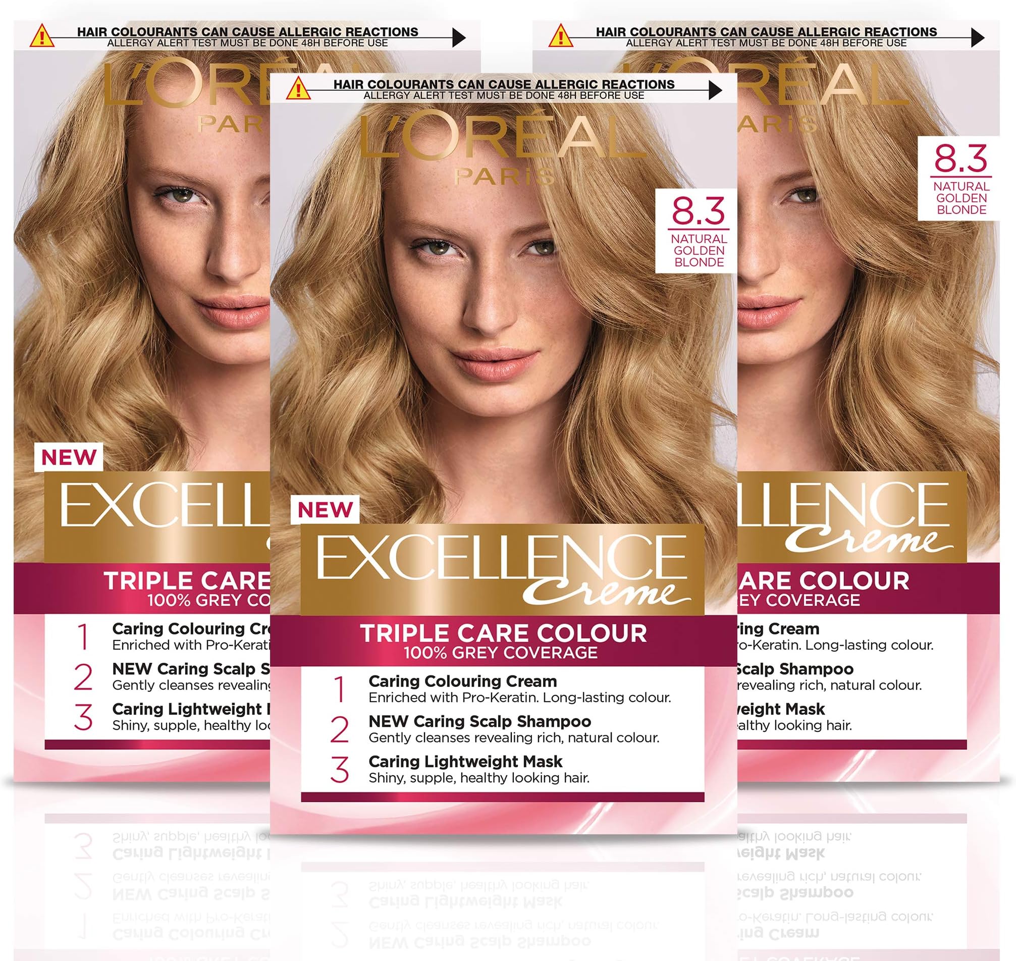 Paris Excellence Crème Permanent Hair Dye, Radiant At-Home Hair Colour with up to 100% Grey Coverage, Pro-Keratin, Up to 8 Weeks of Colour, Pack of 3, Colour: 8.3 Natural Golden Blonde