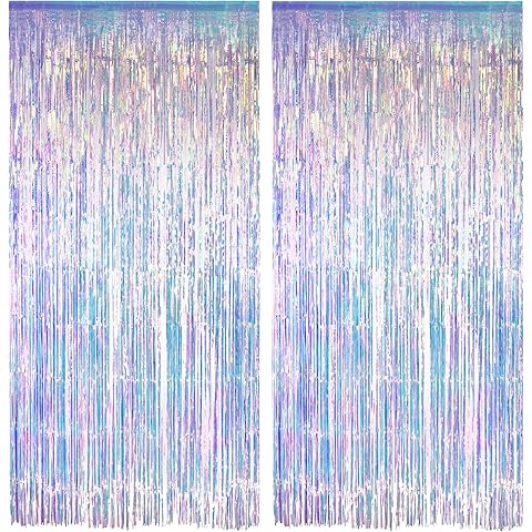 Iridescent Party Streamers Backdrop - GREATRIL Neon Transparent Holographic Tinsel Foil Fringe Curtain for Mermaid/Frozen/Sea/Euphoria/ERAS Party Theme Decorations 3.2ft x 6.5ft 2 PCS