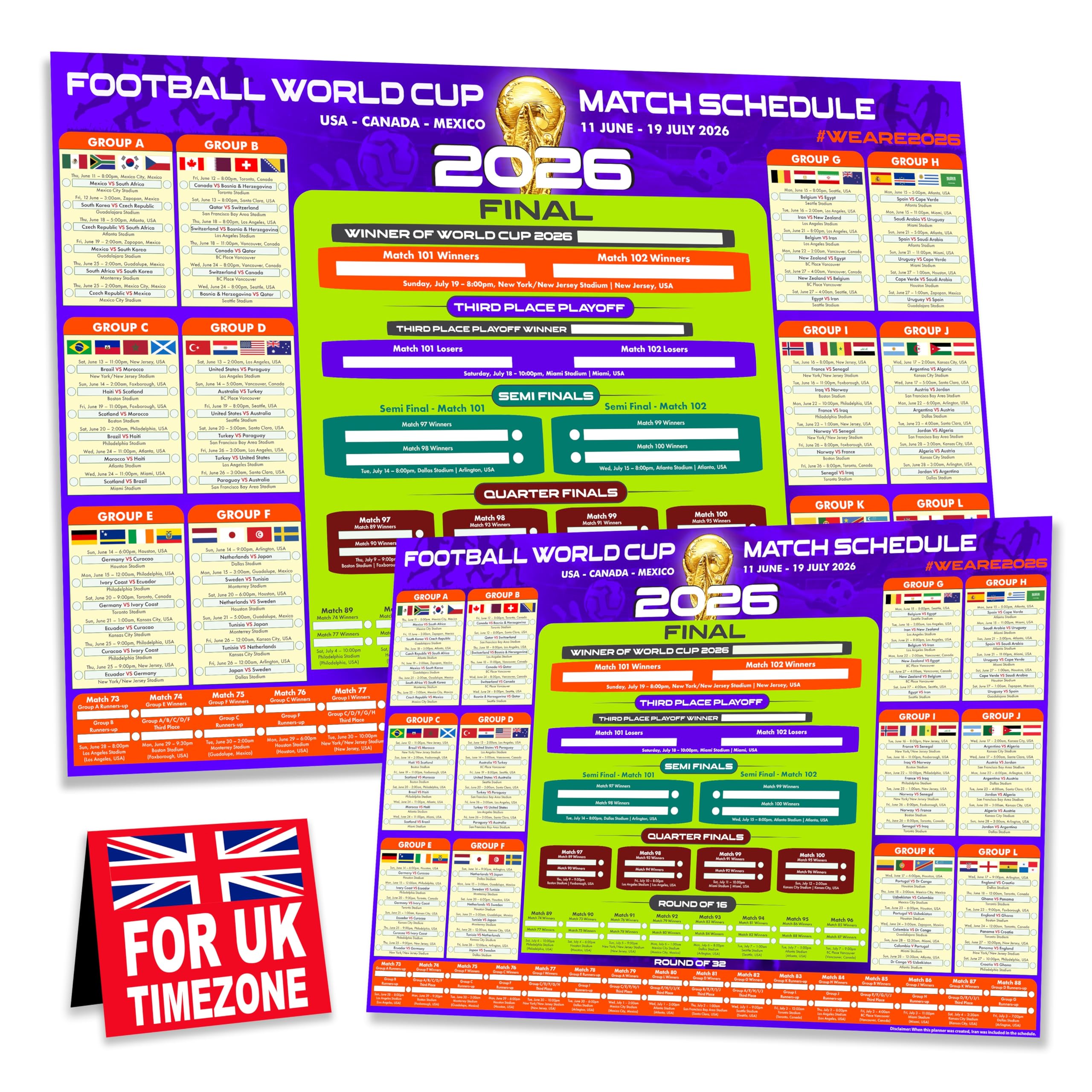Giftinghouse 2 Pack Official Football World Cup 2026 Wall Chart Schedule – A1 Poster (84 x 59 cm) – 48 Team Fixtures, Dates, Stadiums & UK Time (BST) – 170gsm Silk Paper. (2)