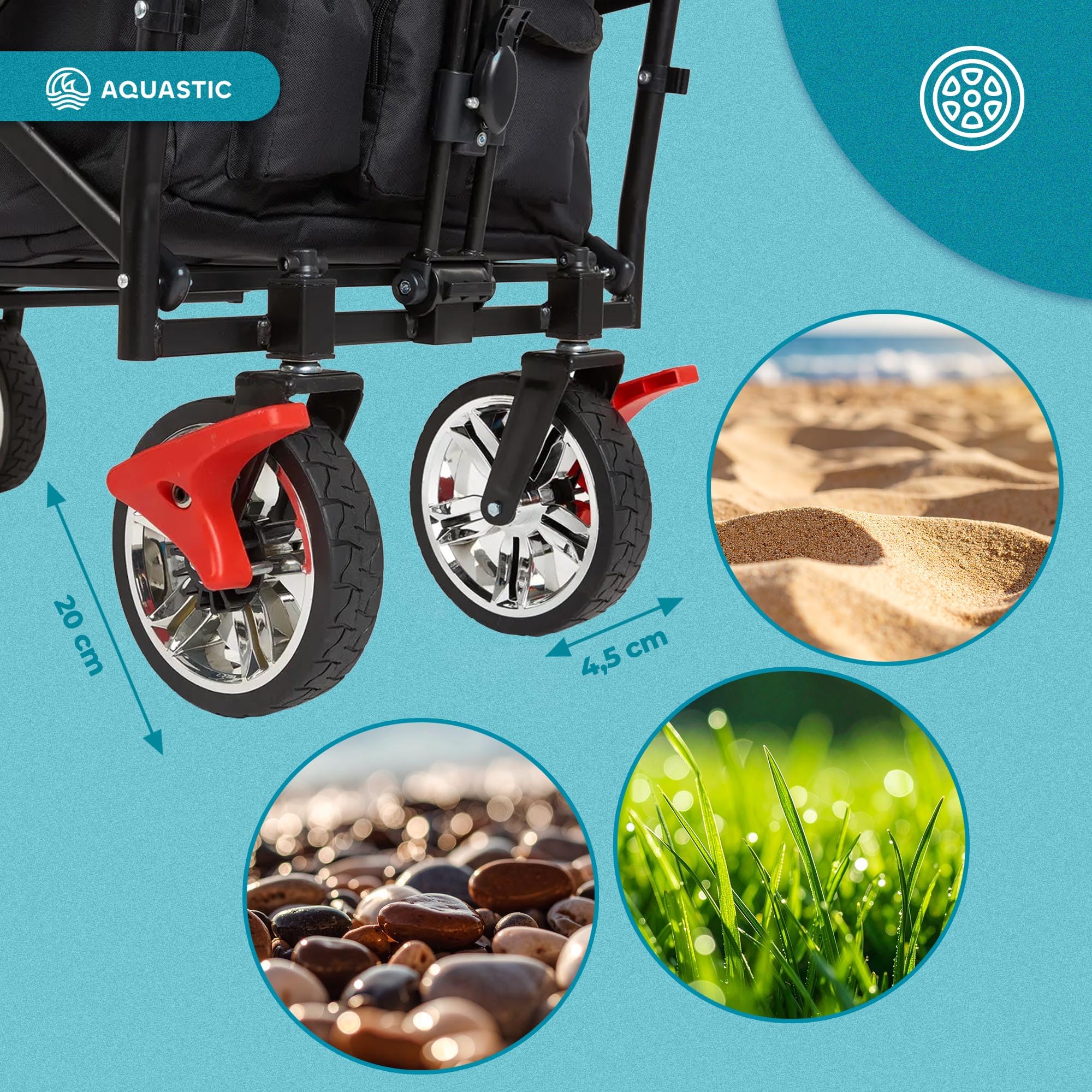 AQUASTIC Składany wózek transportowy 109 l, obciążenie 90 kg, szerokie gumowe koła z hamulcami, baldachim, uprząż, torba izolowana i pokrowiec - czarny