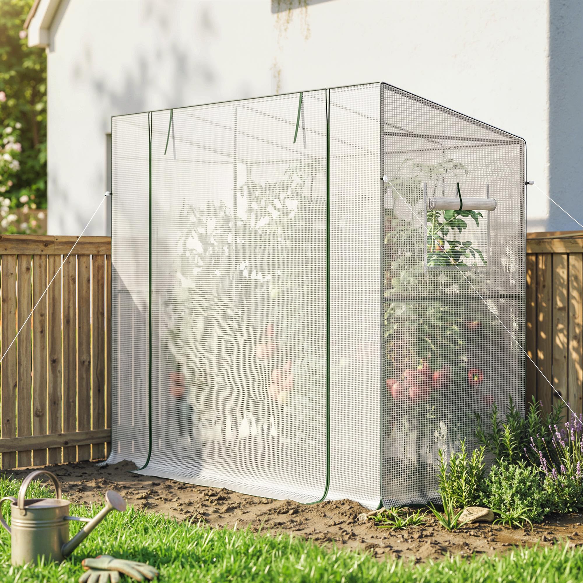 Outsunny Gewächshaus mit Rolltür 2 Fenster Winterfest 200x76x170cm Weiß | Foliengewächshaus aus Stahl, Treibhaus für Balkon Garten, Tomatenhaus mit UV Schutz, Tomatengewächshaus für Gemüse Blumen