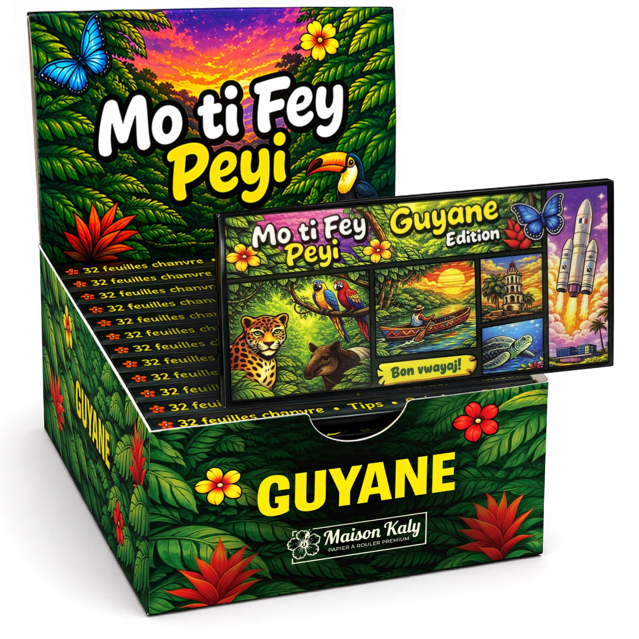 Feuilles à Rouler Slim en Chanvre Naturel – Boite de 15Carnets x 32Feuilles + Tips + Grinder + Plateau – Pack Complet 4-en-1 Premium – Édition Guyane Amazonie - Mo Ti Fey Péyi