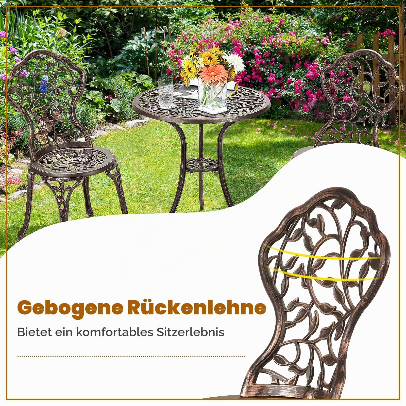 GIANTEX 3 TLG. Bistro Set, Bistrotisch mit 2 Stühlen, Gartenmöbel Set Alu, Gartenset Balkonset antik, runder Gartentisch, Balkonmöbel Set Garten Sitzgruppe 2 Sitzhocker Outdoor Bronze