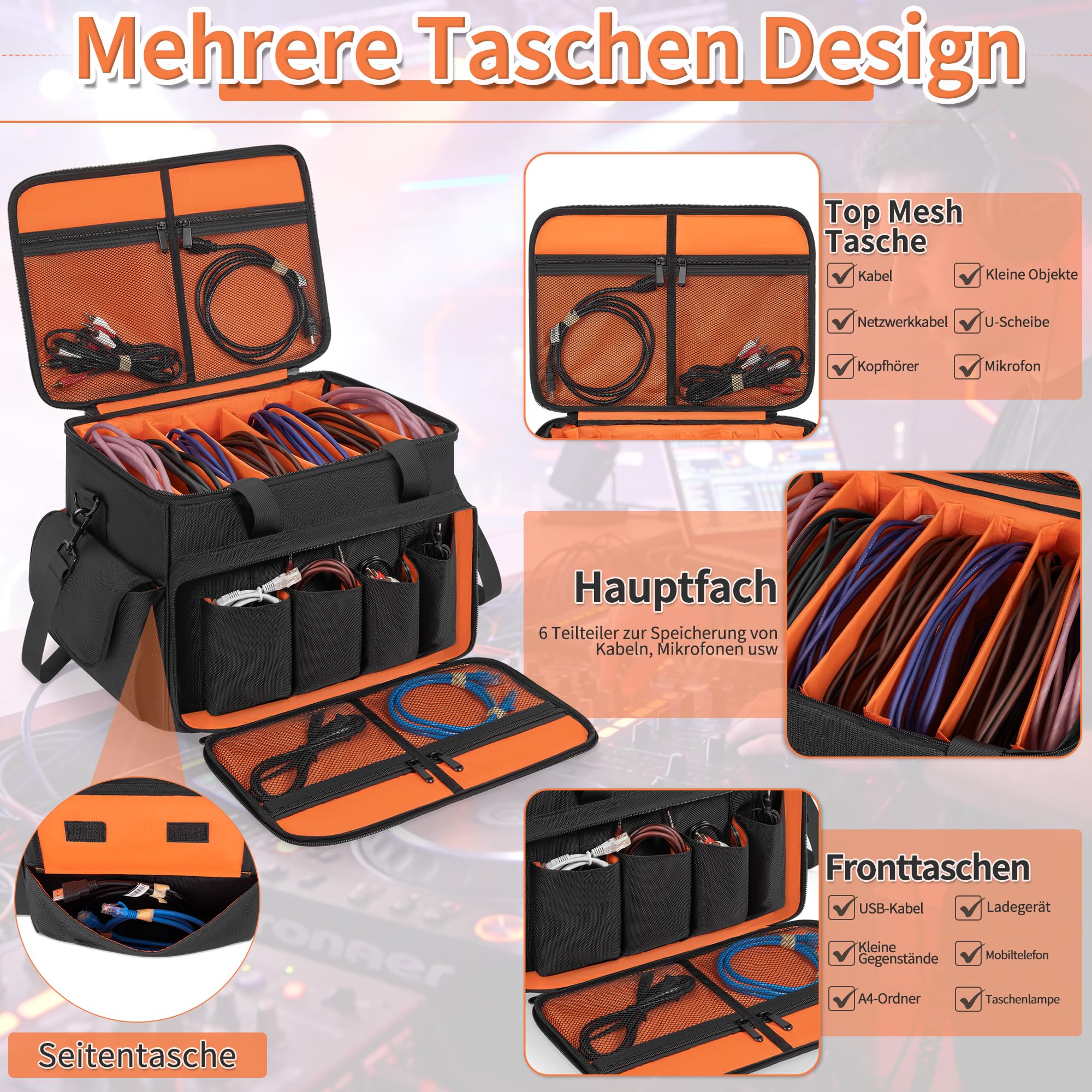 DJ Tasche Kompatibel mit Abnehmbaren Trennwänden und Boden, DJ Organizer Tasche für DJ-Equipment, Laptop und Musiker Zubehör, Orange (25 x 35 x 30 cm)