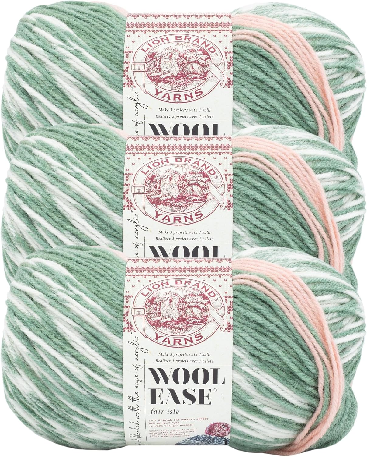 Lion Brand Yarn Wool Ease Fair Isle, Yarn for Knitting, Sage/Pink Salt, 3 Pack