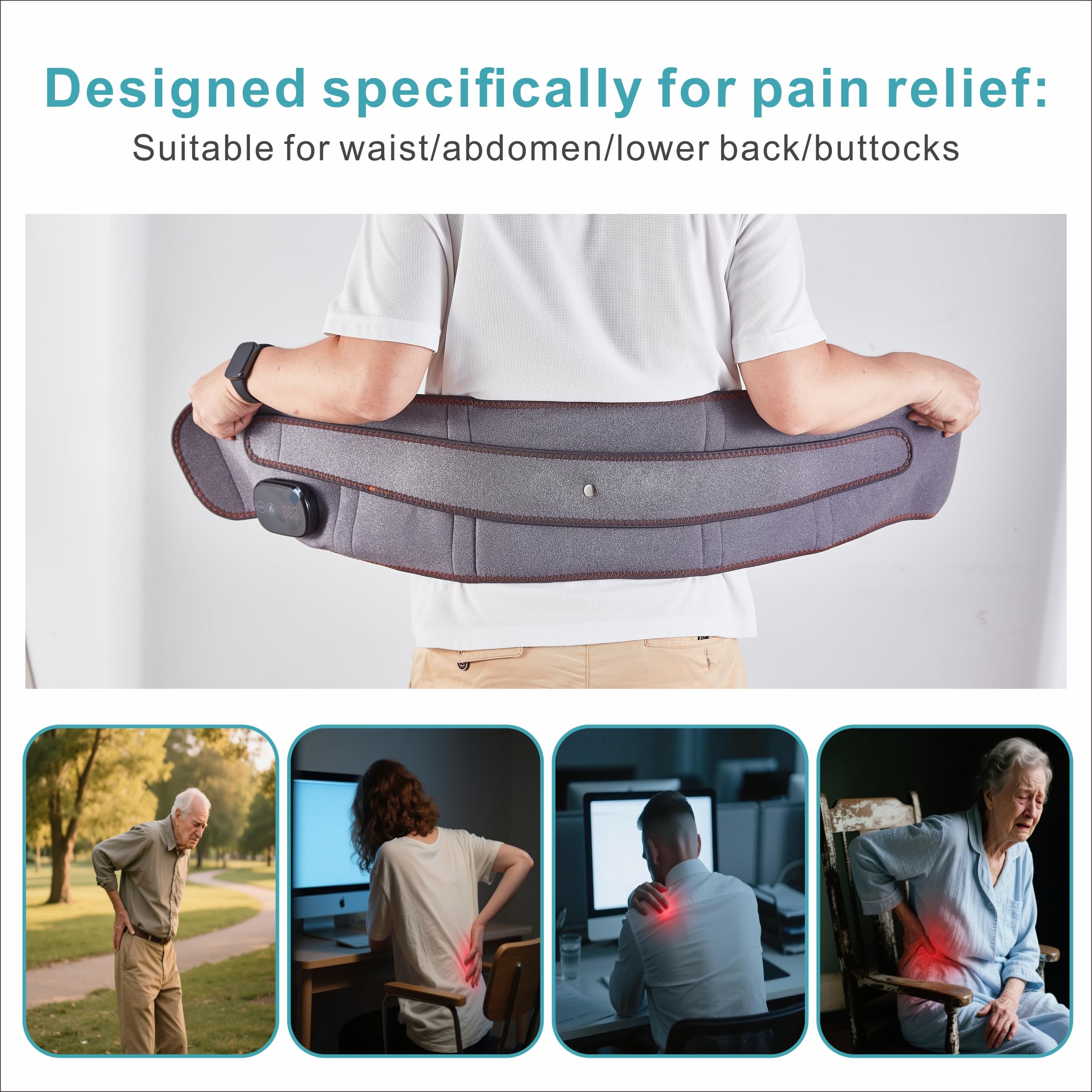 Cintura massaggiante con riscaldamento digitale, 3 marce, senza fili, per alleviare il dolore alla schiena, per dolori muscolari lombari, sciatica