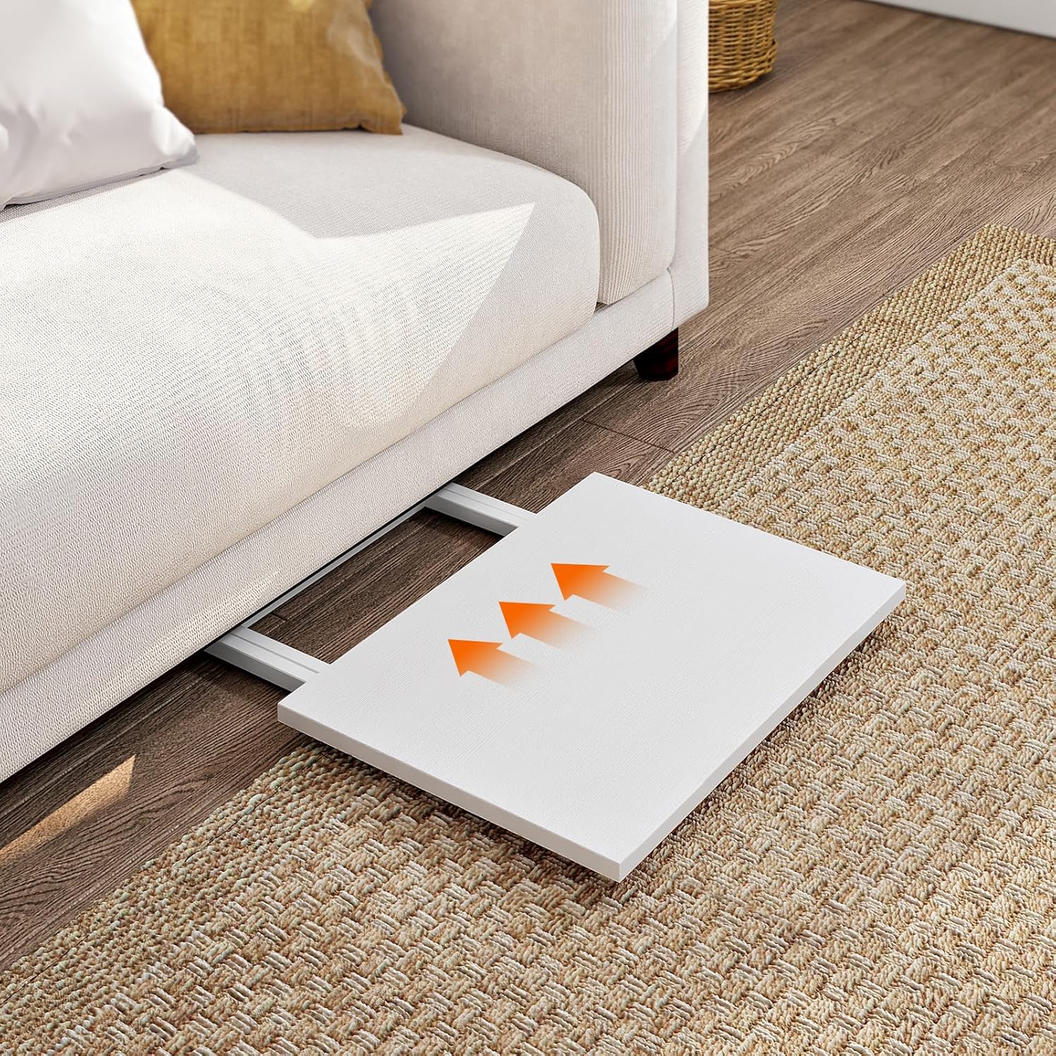 A HOOBRO folding table stored flat under a sofa, demonstrating its space-saving design. Orange arrows indicate the direction of storage.
