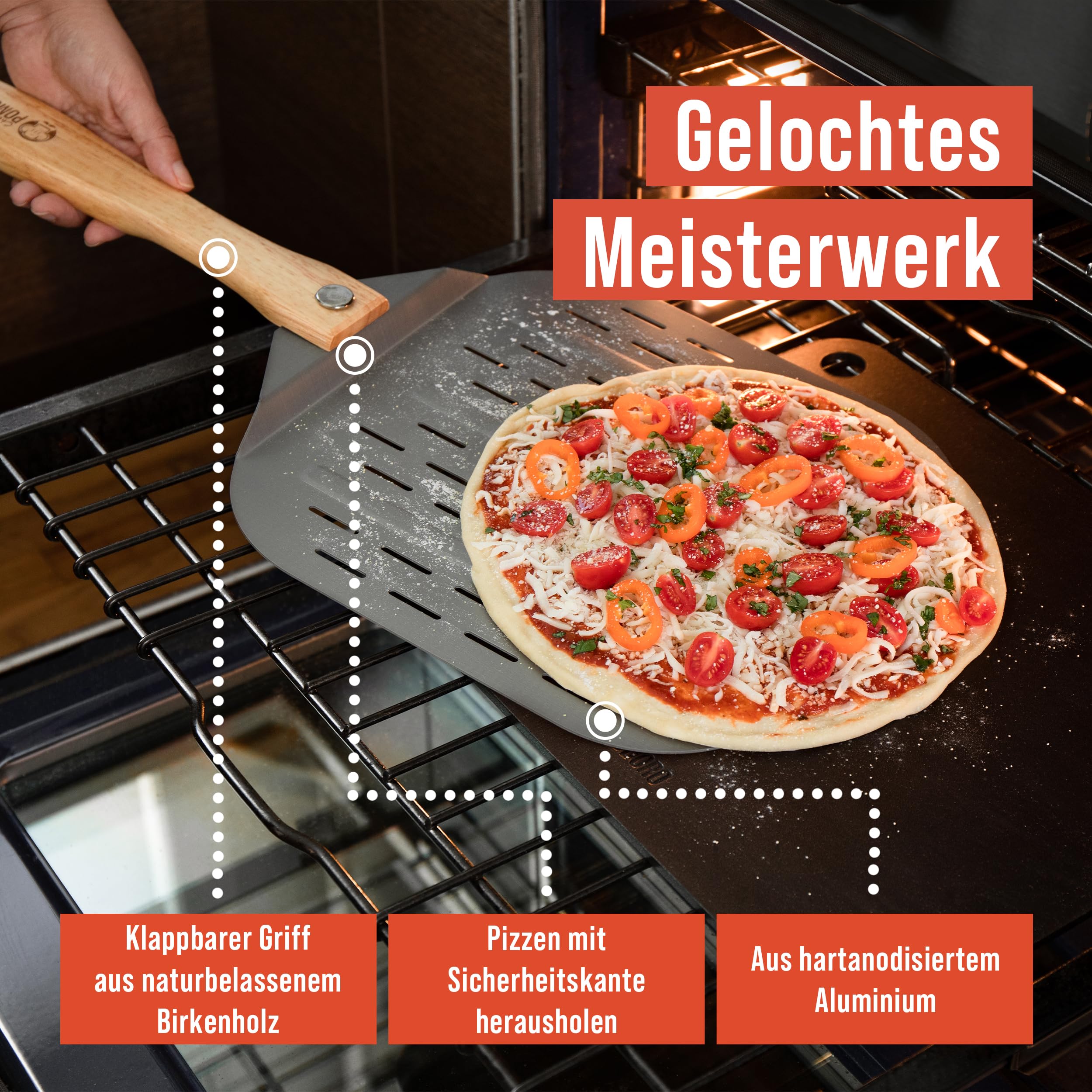 Chef Pomodoro - Pizzaschieber - 30,5 x 35,6 cm - Faltbarer Griff - Perforierte Aluminium Pizzaschaufel zum einfachen Einschieben des Pizzateigs - Perfekt als Backofenzubehör und für Hobby Pizzabäcker